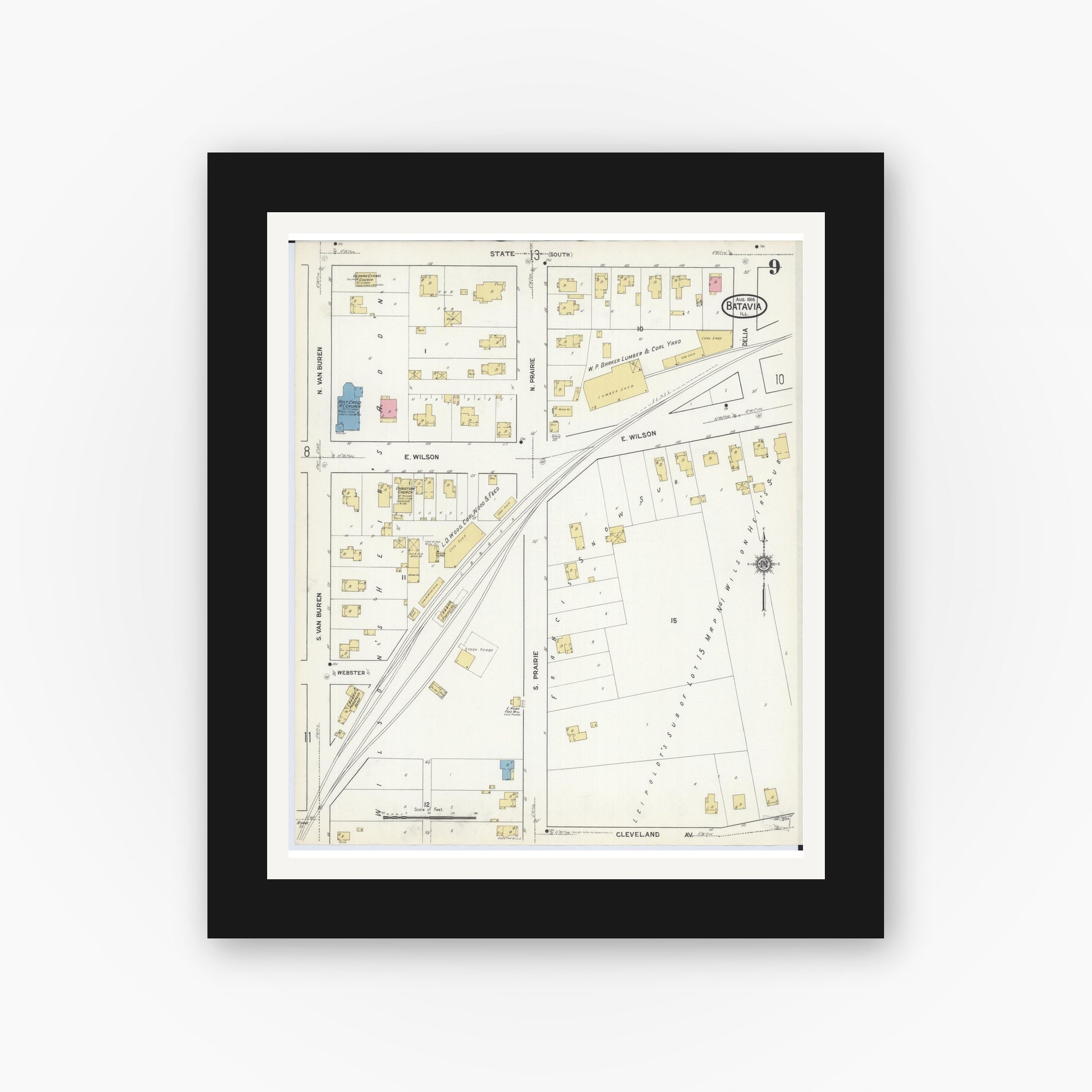 Old map wall art mockup — black gallery frame with white mat — Sanborn Fire Insurance Map from Batavia, Kane County, Illinois (1916), Sheet #0009