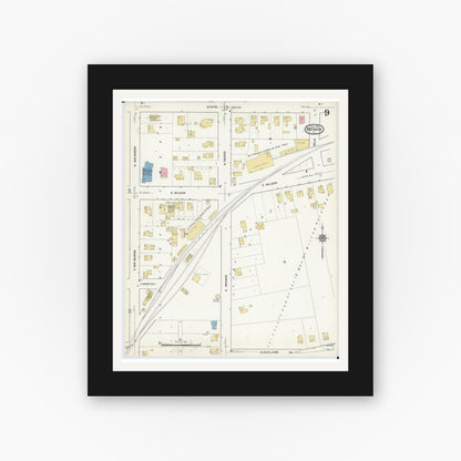 Old map wall art mockup — black gallery frame with white mat — Sanborn Fire Insurance Map from Batavia, Kane County, Illinois (1916), Sheet #0009