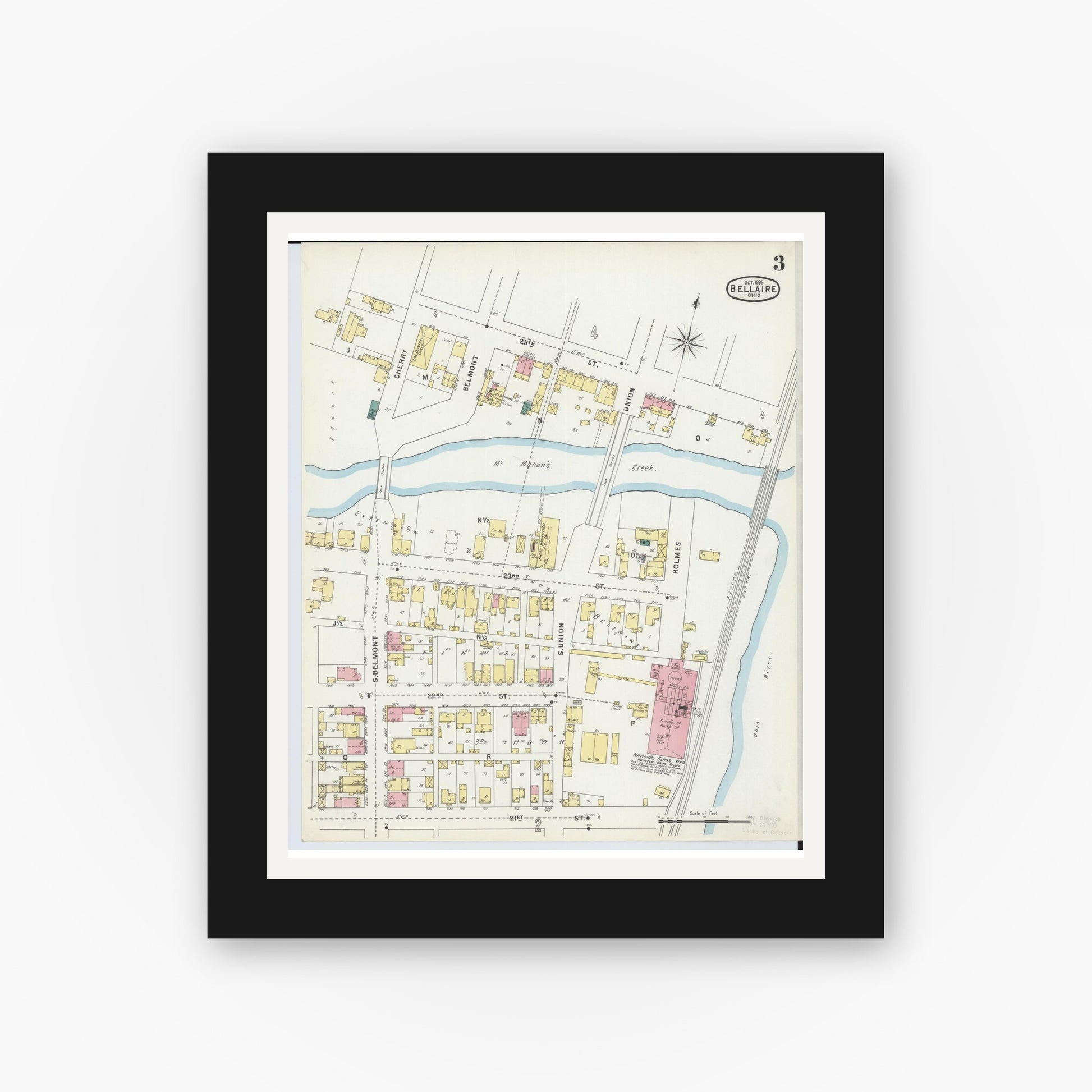 Old map wall art mockup — black gallery frame with white mat — Sanborn Fire Insurance Map from Bellaire, Belmont County, Ohio (1895), Sheet #0003