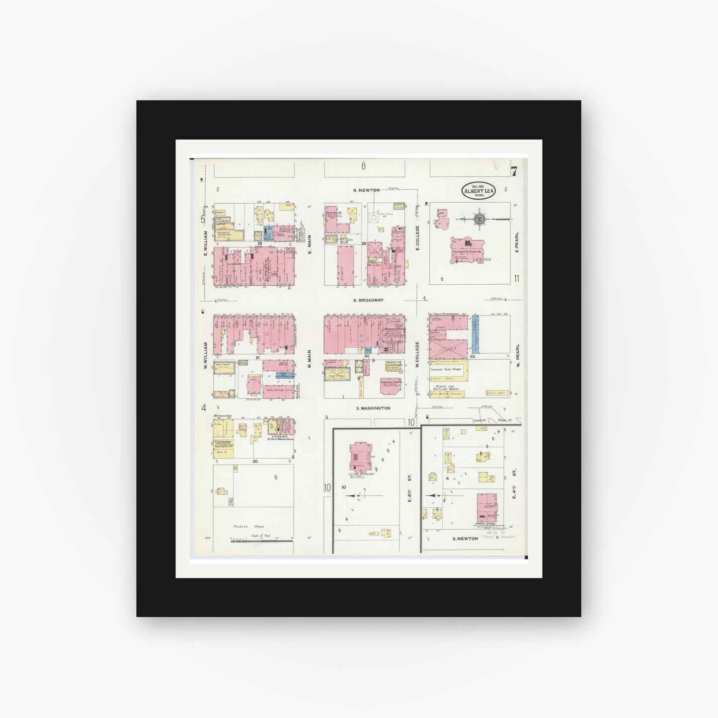 Old map wall art mockup — black gallery frame with white mat — Sanborn Fire Insurance Map from Albert Lea, Freeborn County, Minnesota (1910), Sheet #0007