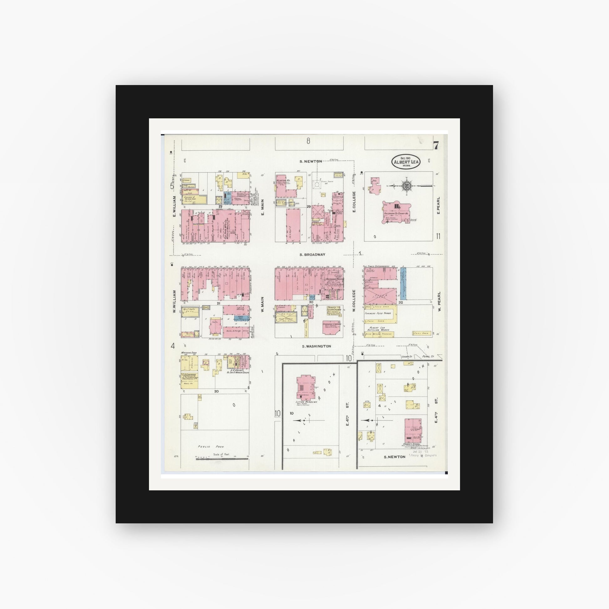 Old map wall art mockup — black gallery frame with white mat — Sanborn Fire Insurance Map from Albert Lea, Freeborn County, Minnesota (1910), Sheet #0007