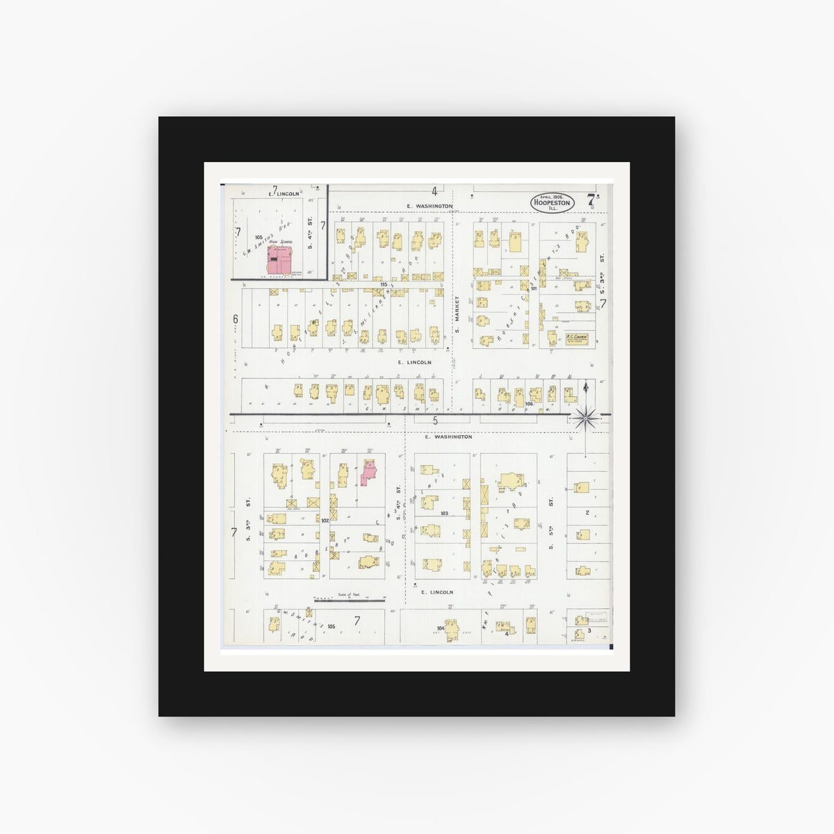 Old map wall art mockup — black gallery frame with white mat — Sanborn Fire Insurance Map from Hoopeston, Vermilion County, Illinois (1906), Sheet #0007