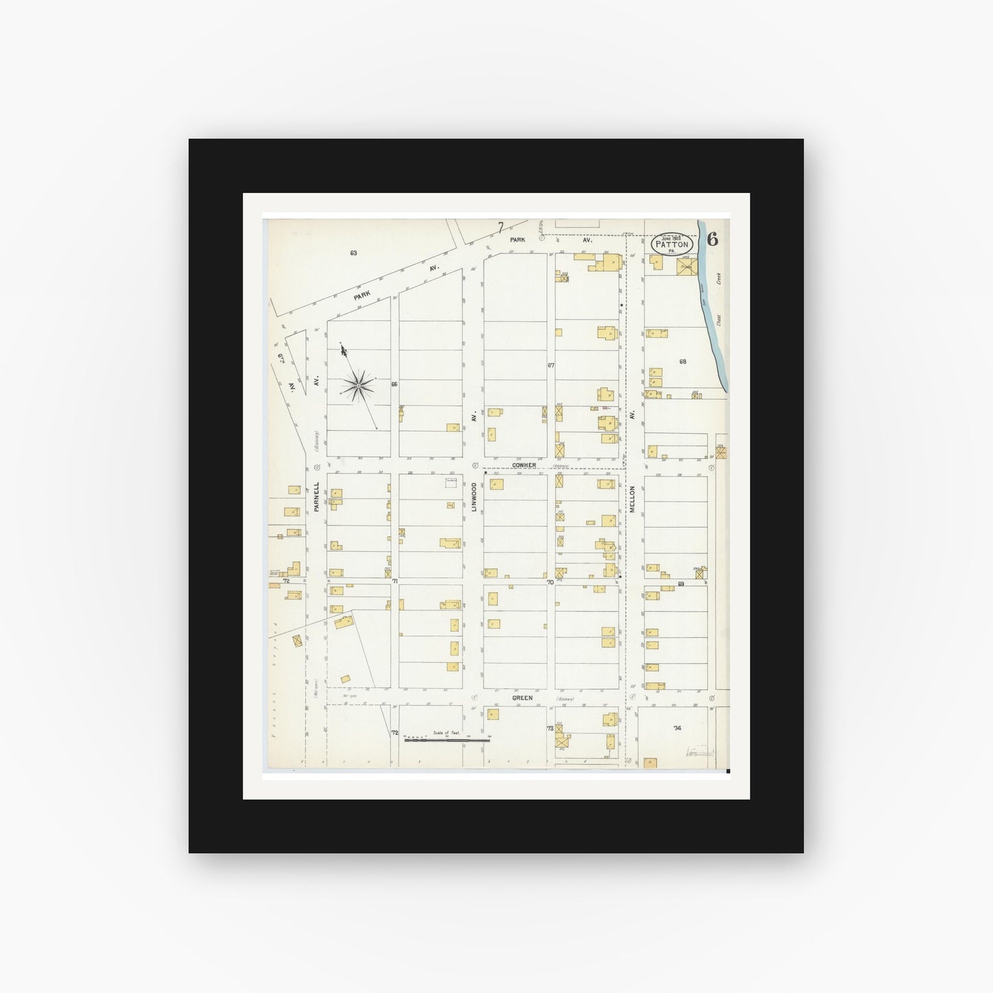 Old map wall art mockup — black gallery frame with white mat — Sanborn Fire Insurance Map from Patton, Cambria County, Pennsylvania (1903), Sheet #0006