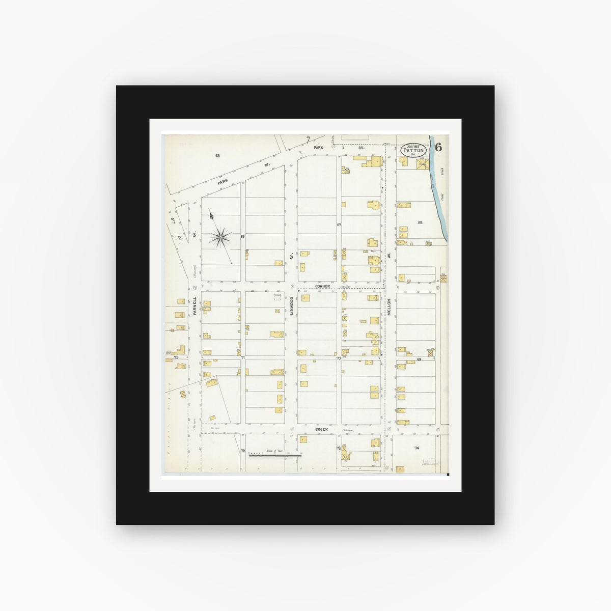 Old map wall art mockup — black gallery frame with white mat — Sanborn Fire Insurance Map from Patton, Cambria County, Pennsylvania (1903), Sheet #0006