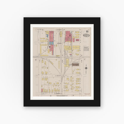 Old map wall art mockup — black gallery frame with white mat — Sanborn Fire Insurance Map from Noblesville, Hamilton County, Indiana (1922), Sheet #0011