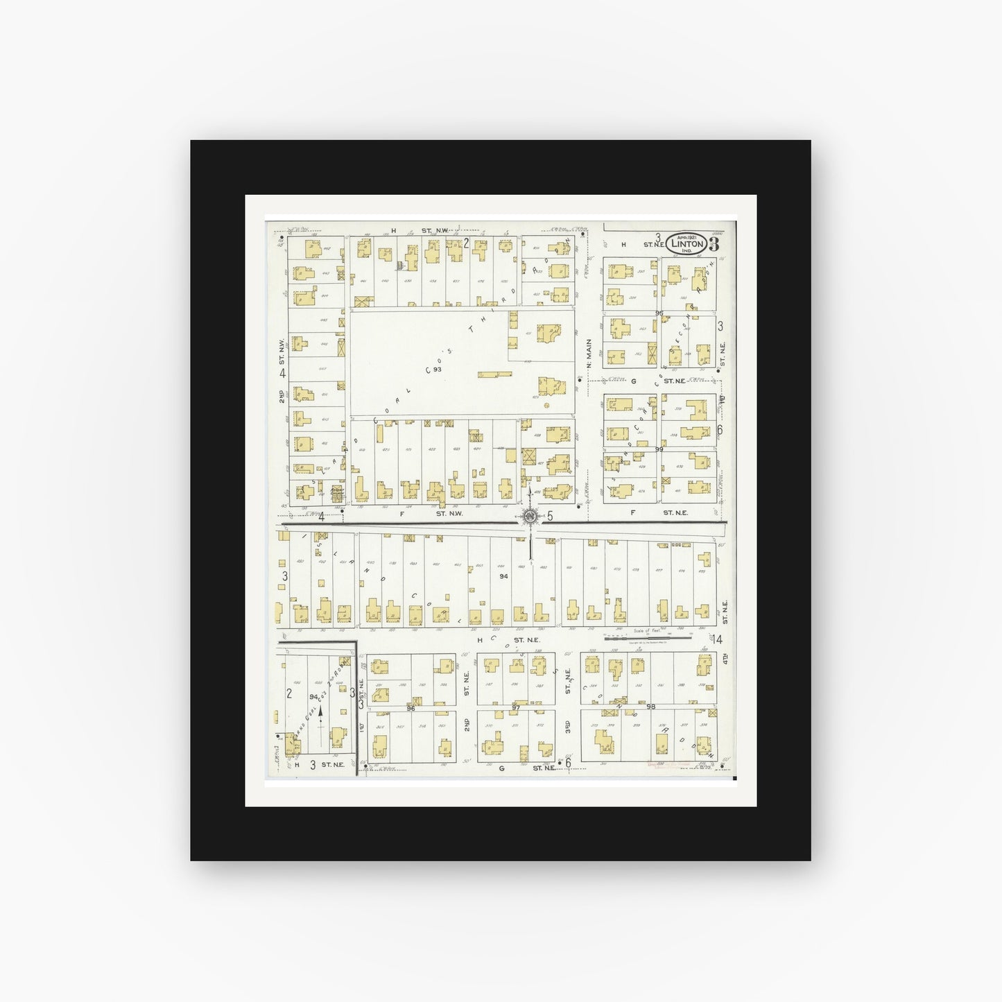 Old map wall art mockup — black gallery frame with white mat — Sanborn Fire Insurance Map from Linton, Greene County, Indiana (1921), Sheet #0003