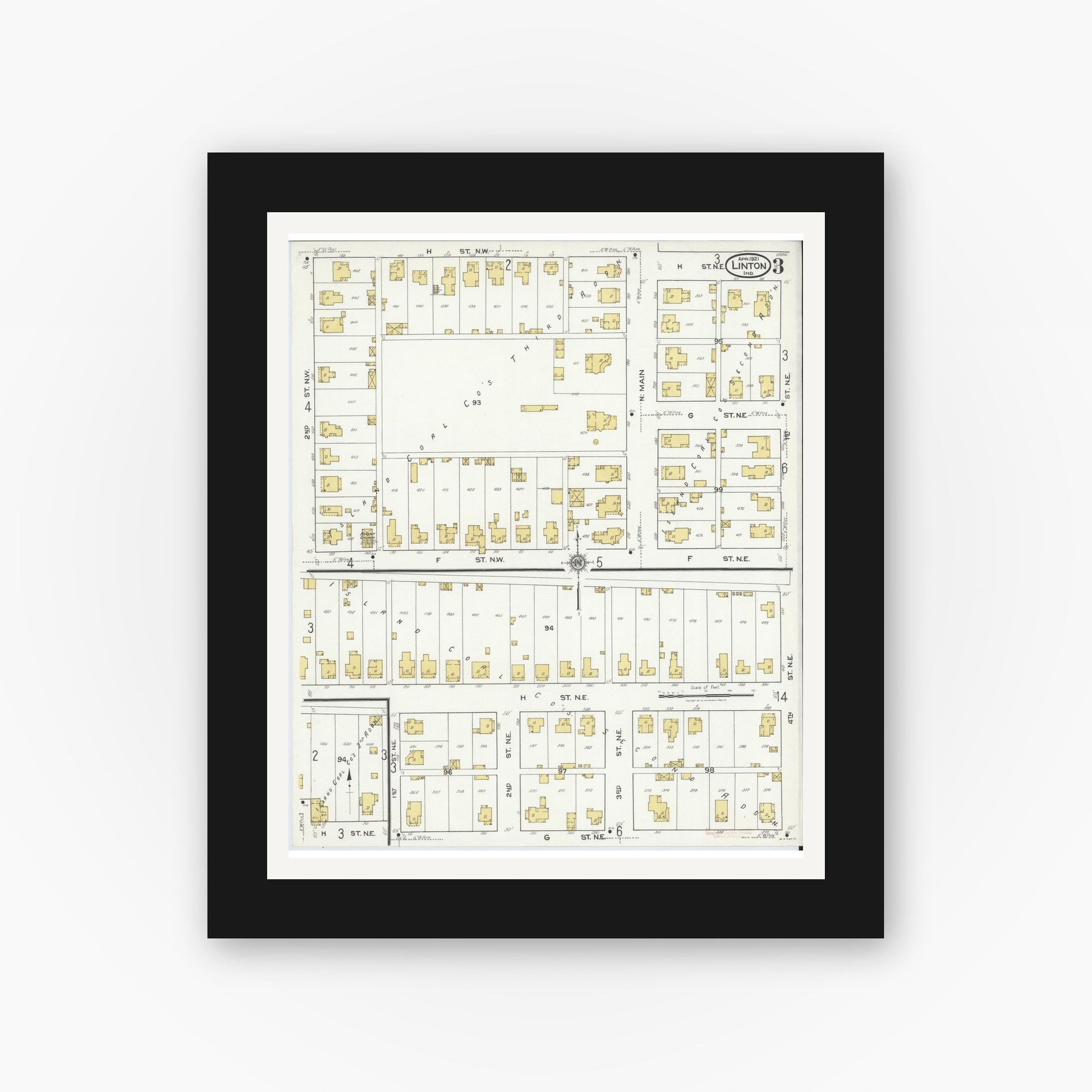 Old map wall art mockup — black gallery frame with white mat — Sanborn Fire Insurance Map from Linton, Greene County, Indiana (1921), Sheet #0003