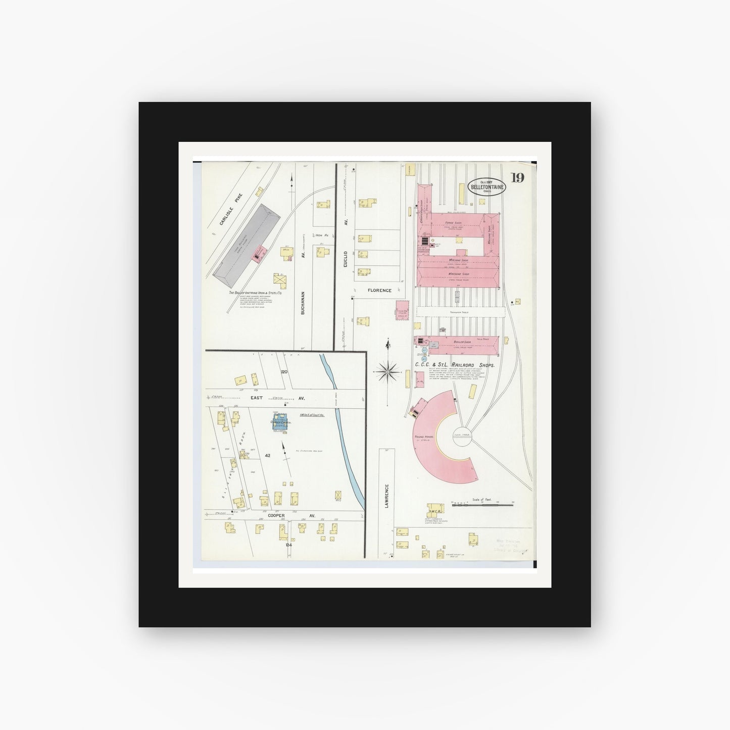 Old map wall art mockup — black gallery frame with white mat — Sanborn Fire Insurance Map from Bellefontaine, Logan County, Ohio (1907), Sheet #0019