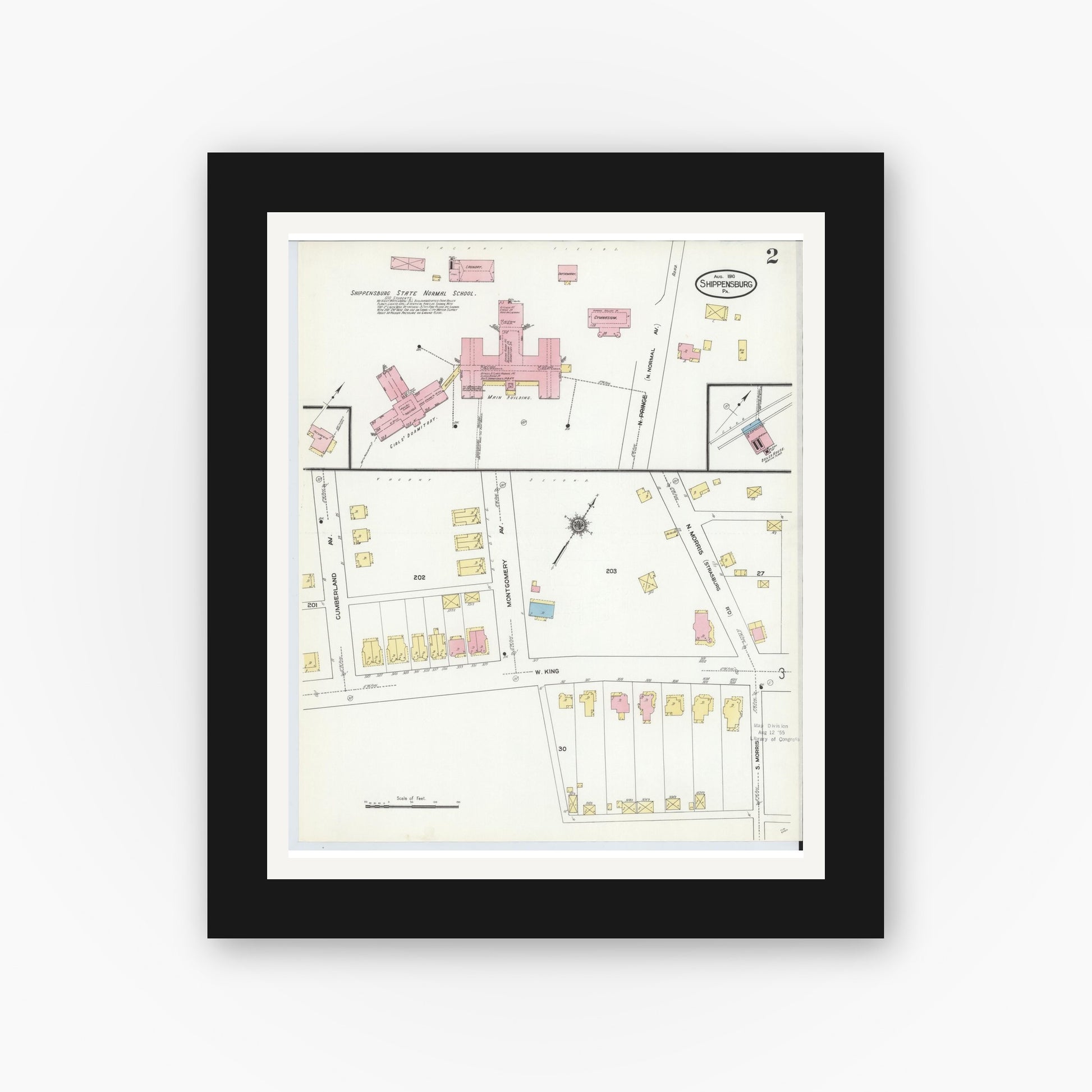 Old map wall art mockup — black gallery frame with white mat — Sanborn Fire Insurance Map from Shippensburg, Cumberland And Franklin Counties, Pennsylvania (1910), Sheet #0002