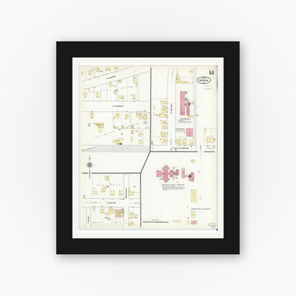 Old map wall art mockup — black gallery frame with white mat — Sanborn Fire Insurance Map from Warsaw, Kosciusko County, Indiana (1910), Sheet #0014