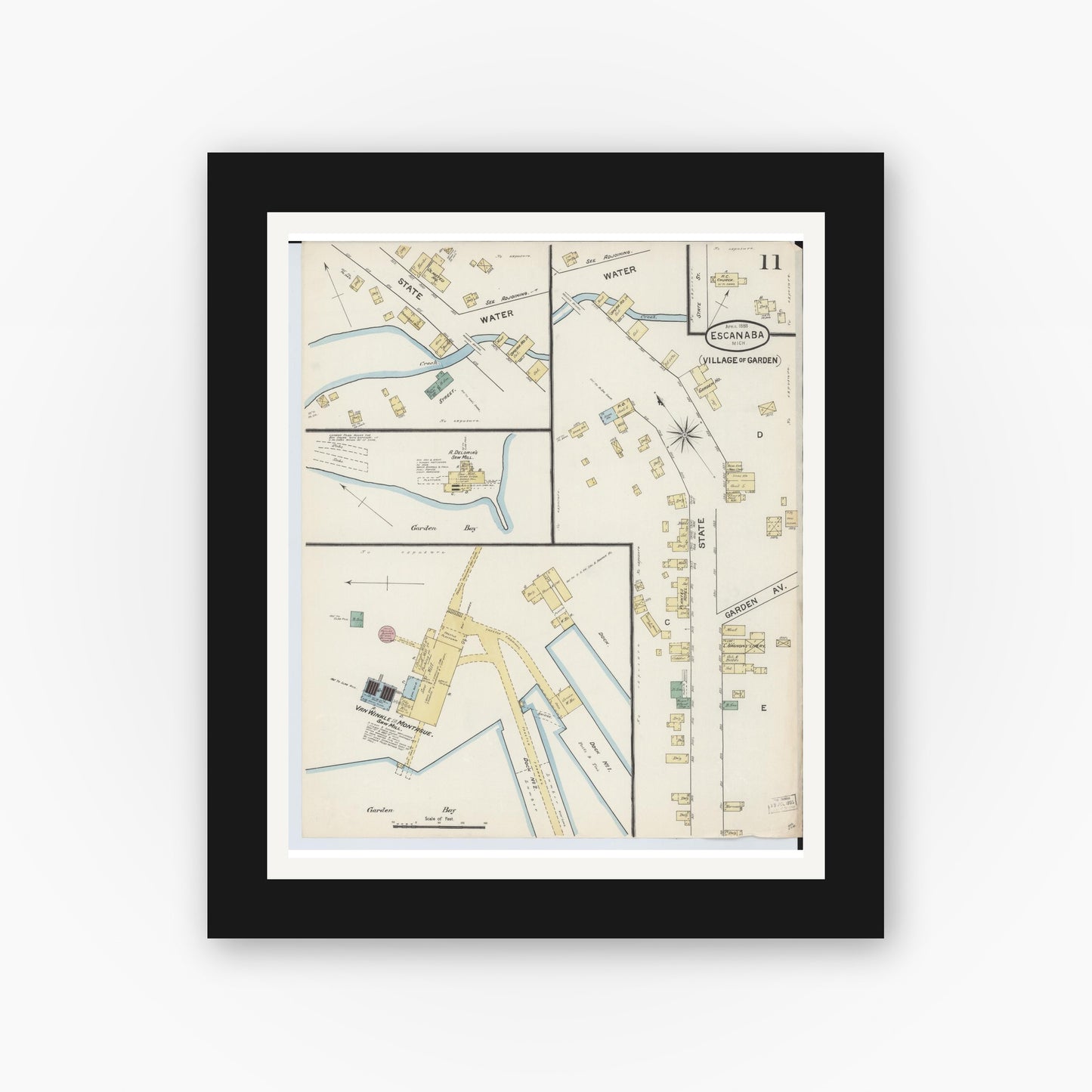 Old map wall art mockup — black gallery frame with white mat — Sanborn Fire Insurance Map from Escanaba, Delta County, Michigan (1888), Sheet #0011
