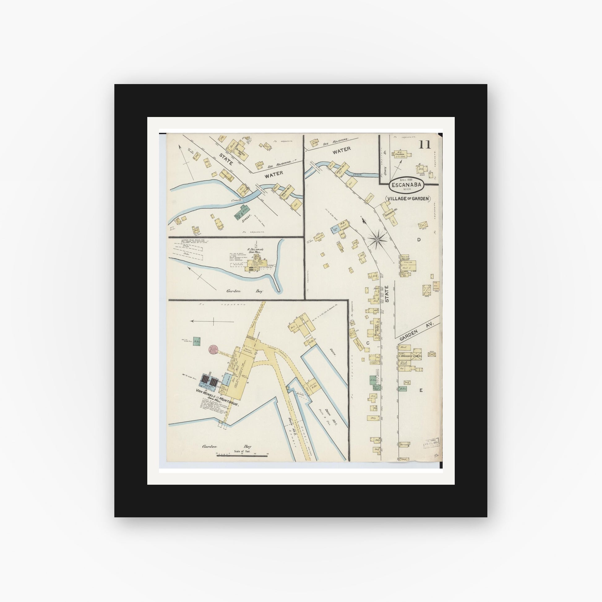 Old map wall art mockup — black gallery frame with white mat — Sanborn Fire Insurance Map from Escanaba, Delta County, Michigan (1888), Sheet #0011