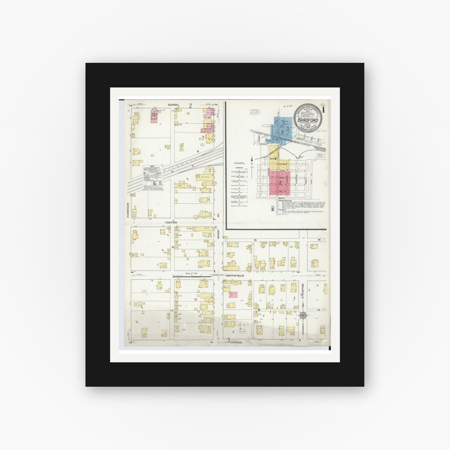 Old map wall art mockup — black gallery frame with white mat — Sanborn Fire Insurance Map from Bradford, Darke and Miami Counties, Ohio (1910) - Complete Map Set