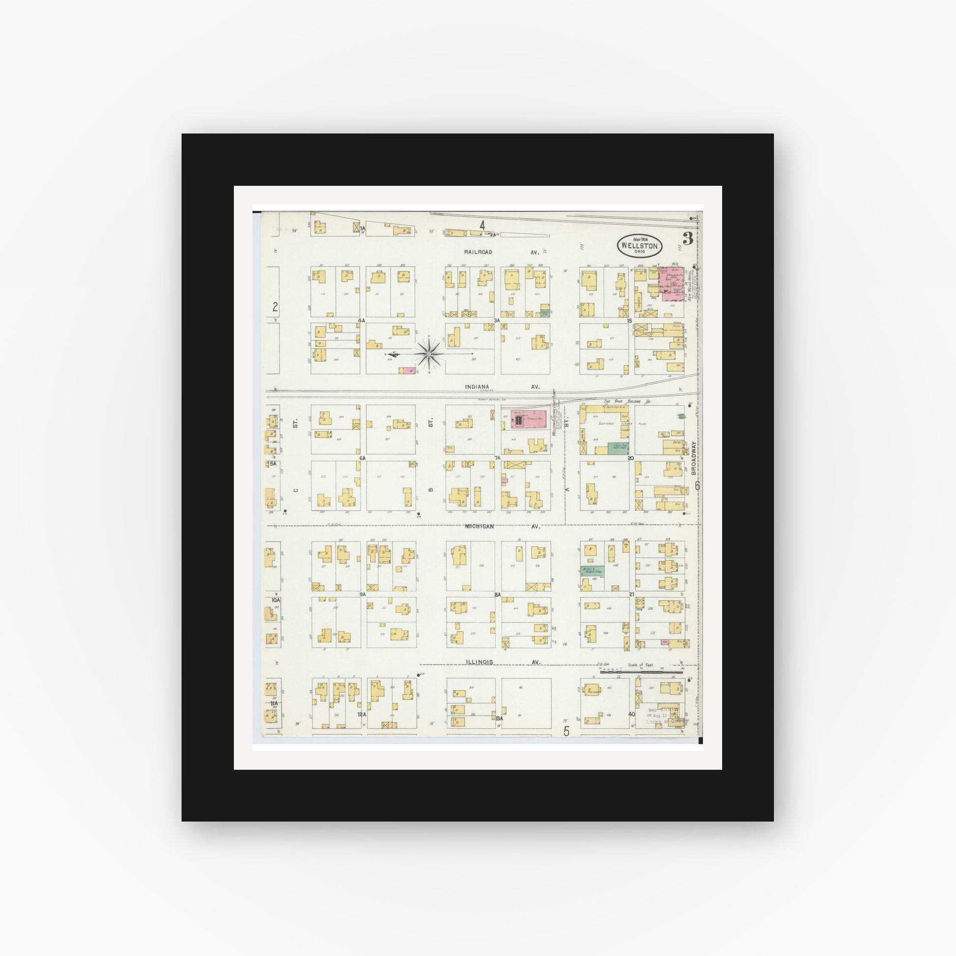 Old map wall art mockup — black gallery frame with white mat — Sanborn Fire Insurance Map from Wellston, Jackson County, Ohio (1904), Sheet #0003