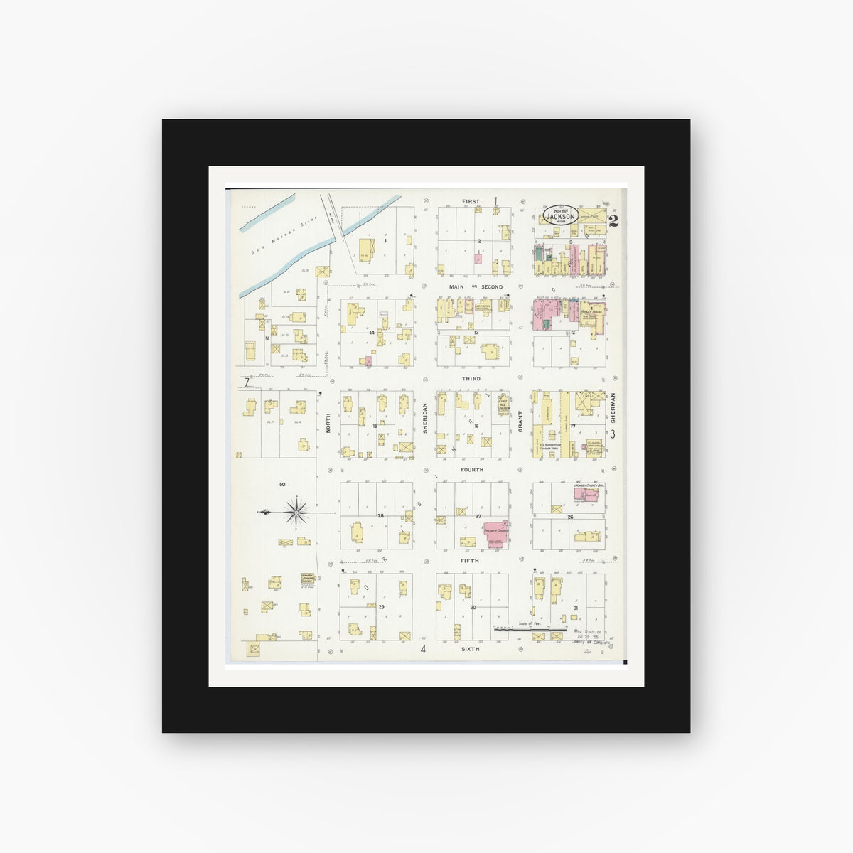 Old map wall art mockup — black gallery frame with white mat — Sanborn Fire Insurance Map from Jackson, Jackson County, Minnesota (1907), Sheet #0002