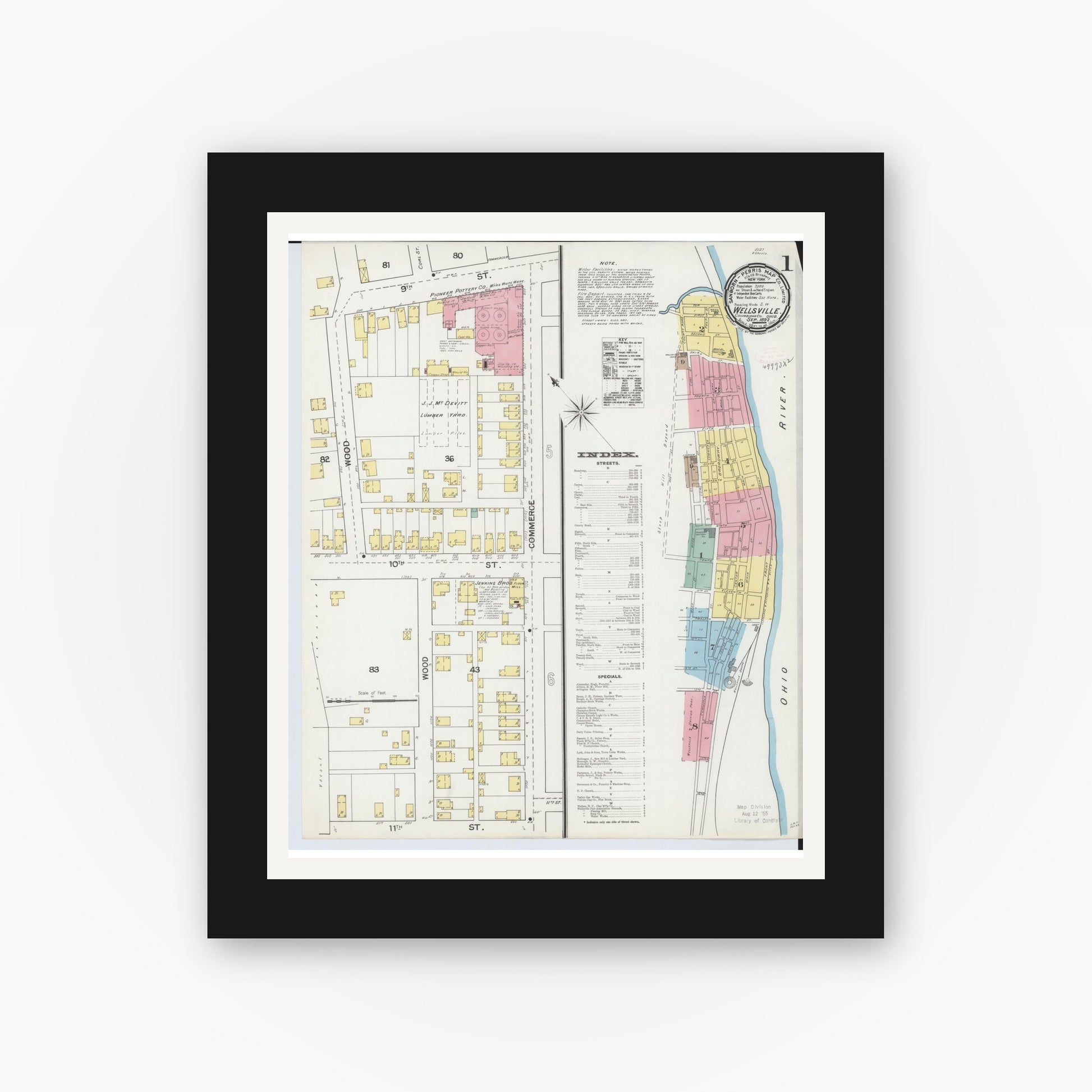 Old map wall art mockup — black gallery frame with white mat — Sanborn Fire Insurance Map from Wellsville, Columbiana County, Ohio (1892), Sheet #0001
