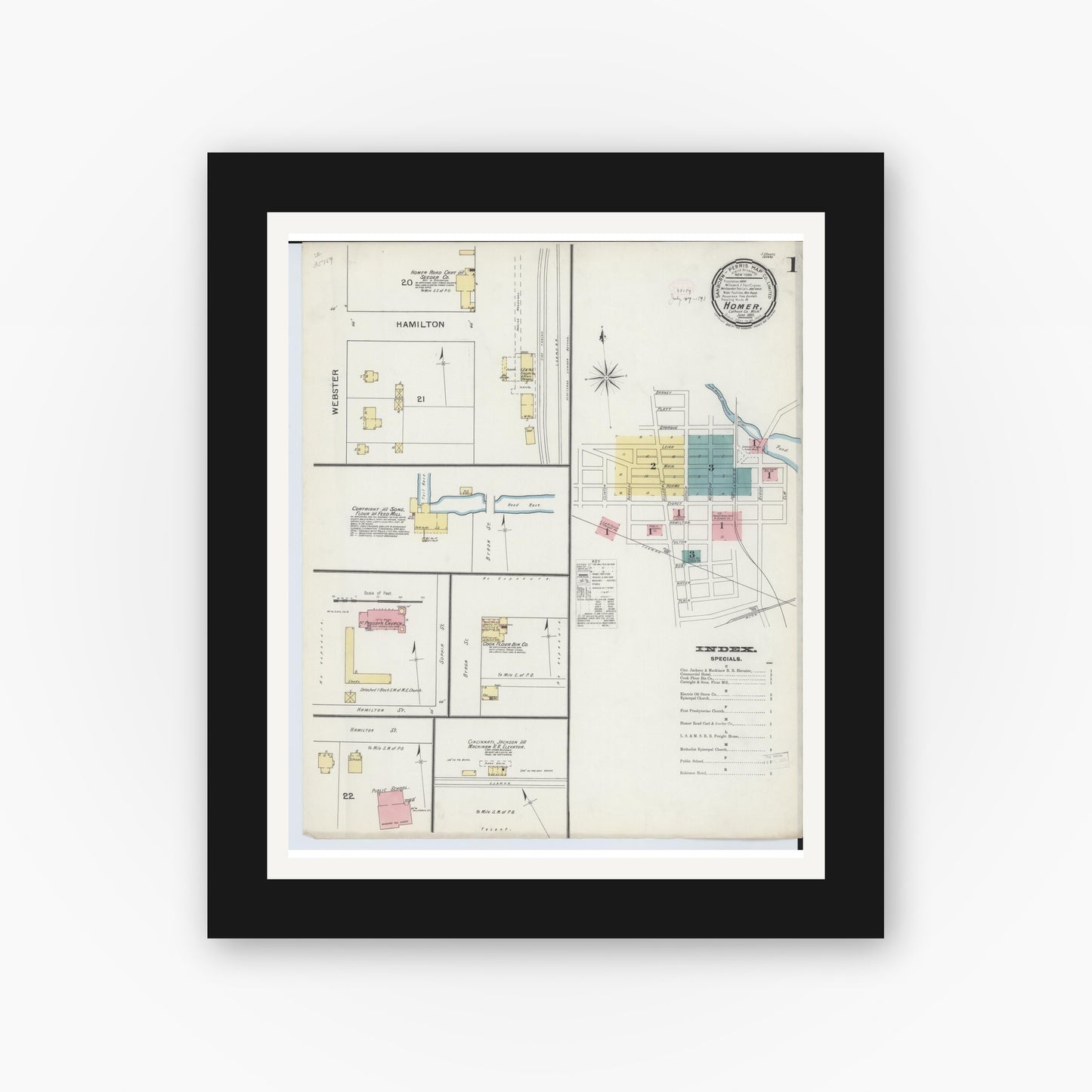 Old map wall art mockup — black gallery frame with white mat — Sanborn Fire Insurance Map from Homer, Calhoun County, Michigan (1893), Sheet #0001