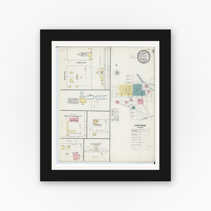 Old map wall art mockup — black gallery frame with white mat — Sanborn Fire Insurance Map from Homer, Calhoun County, Michigan (1893), Sheet #0001