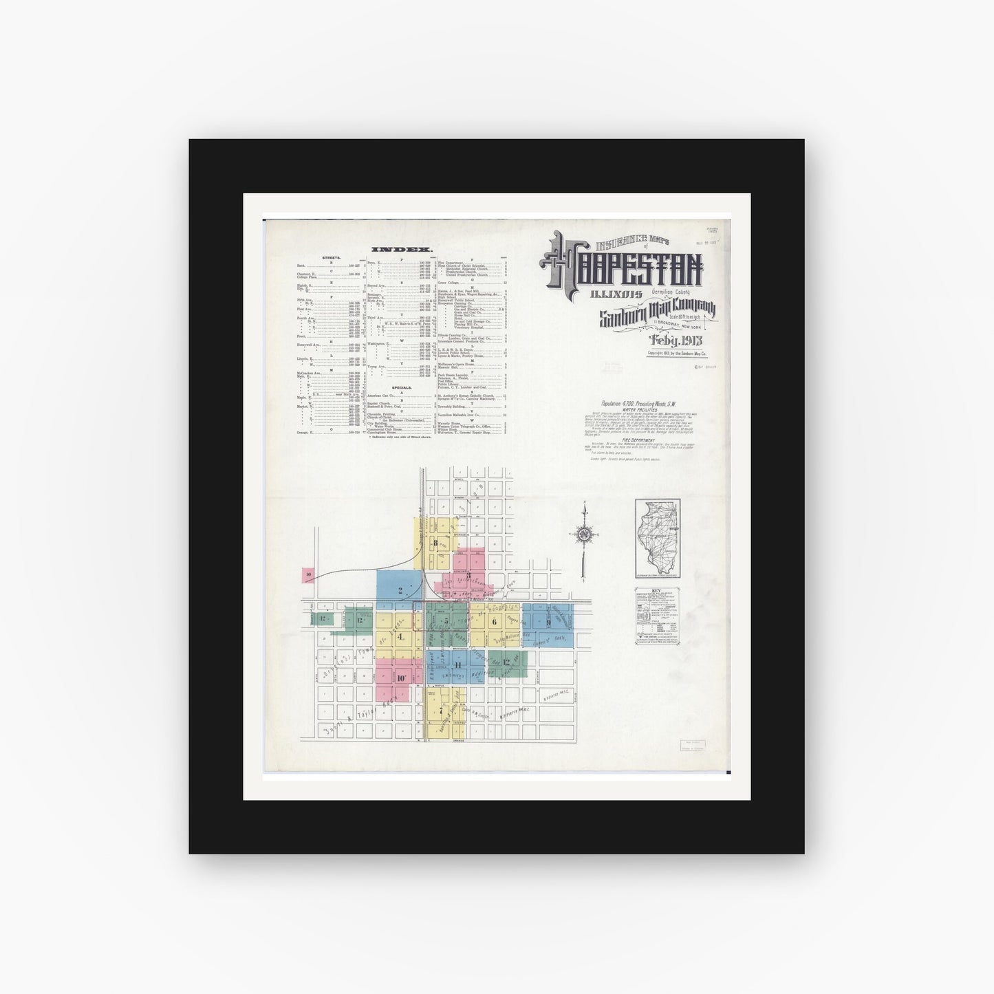 Old map wall art mockup — black gallery frame with white mat — Sanborn Fire Insurance Map from Hoopeston, Vermilion County, Illinois (1913) - Complete Map Set