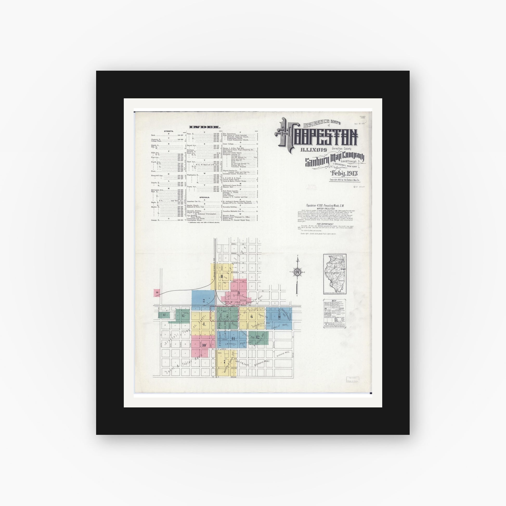 Old map wall art mockup — black gallery frame with white mat — Sanborn Fire Insurance Map from Hoopeston, Vermilion County, Illinois (1913) - Complete Map Set