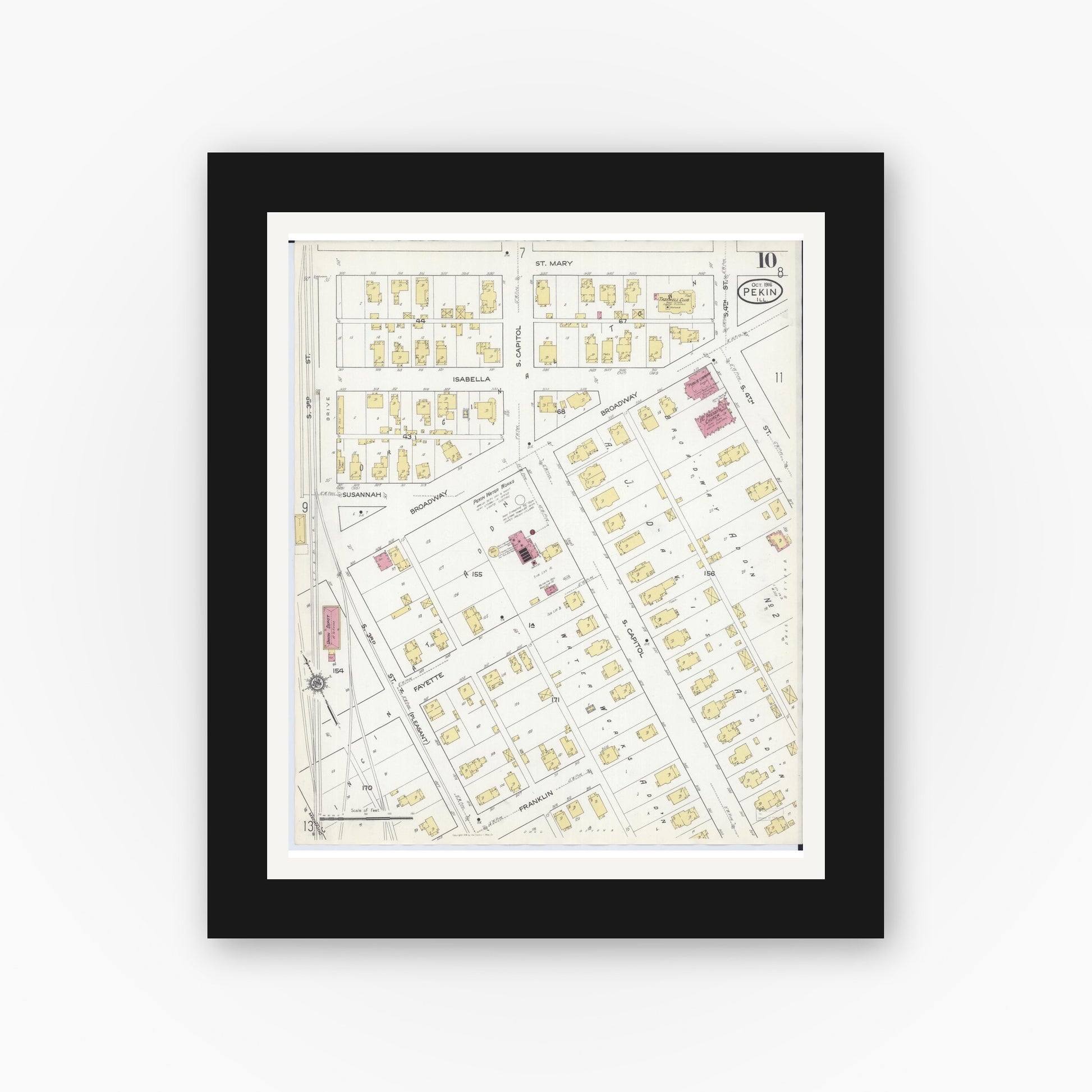 Old map wall art mockup — black gallery frame with white mat — Sanborn Fire Insurance Map from Pekin, Tazewell County, Illinois (1916), Sheet #0010