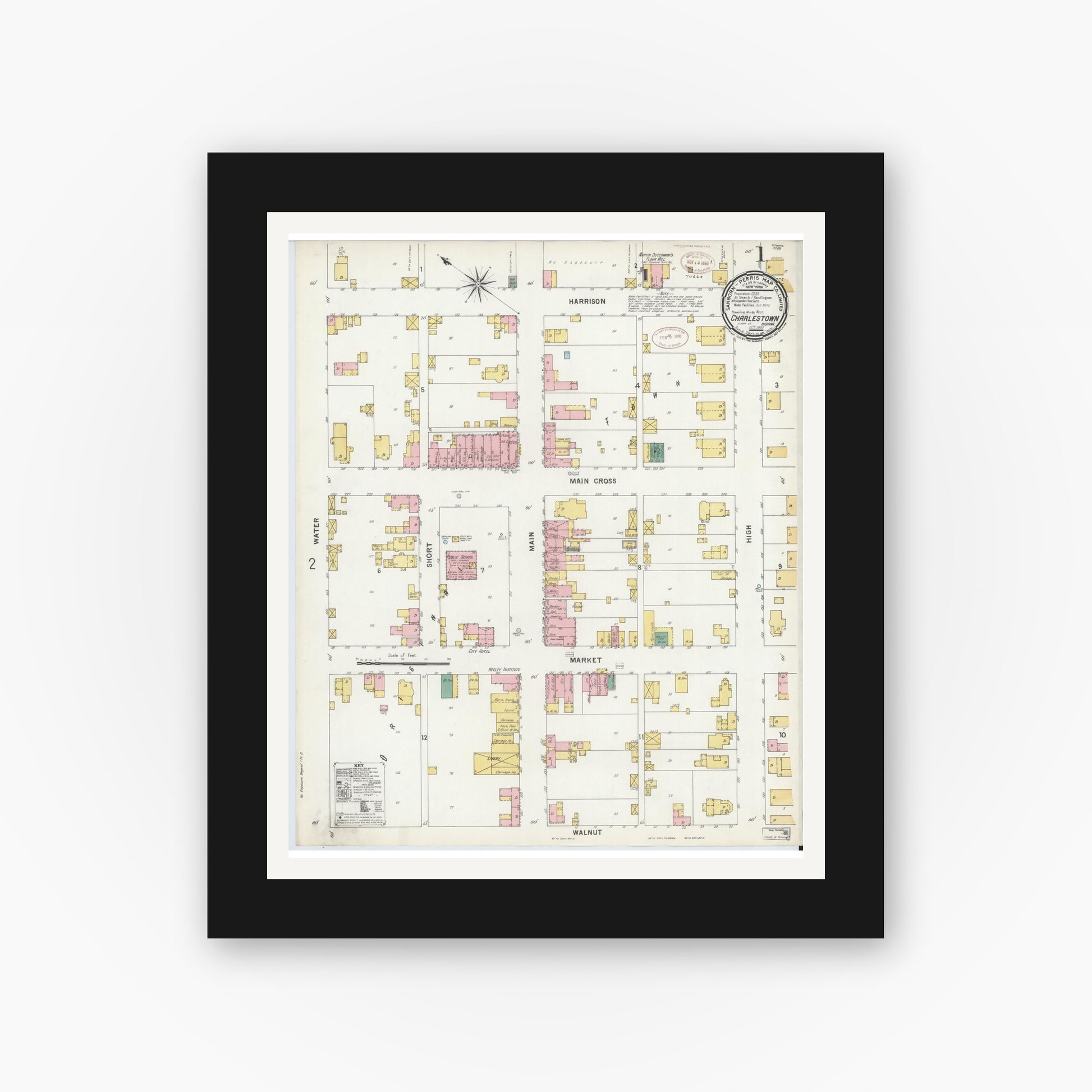 Old map wall art mockup — black gallery frame with white mat — Sanborn Fire Insurance Map from Charlestown, Clark County, Indiana (1899) - Complete Map Set