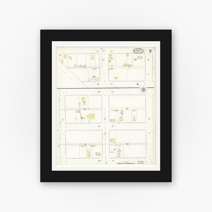 Old map wall art mockup — black gallery frame with white mat — Sanborn Fire Insurance Map from Modesto, Stanislaus County, California (1894), Sheet #0003