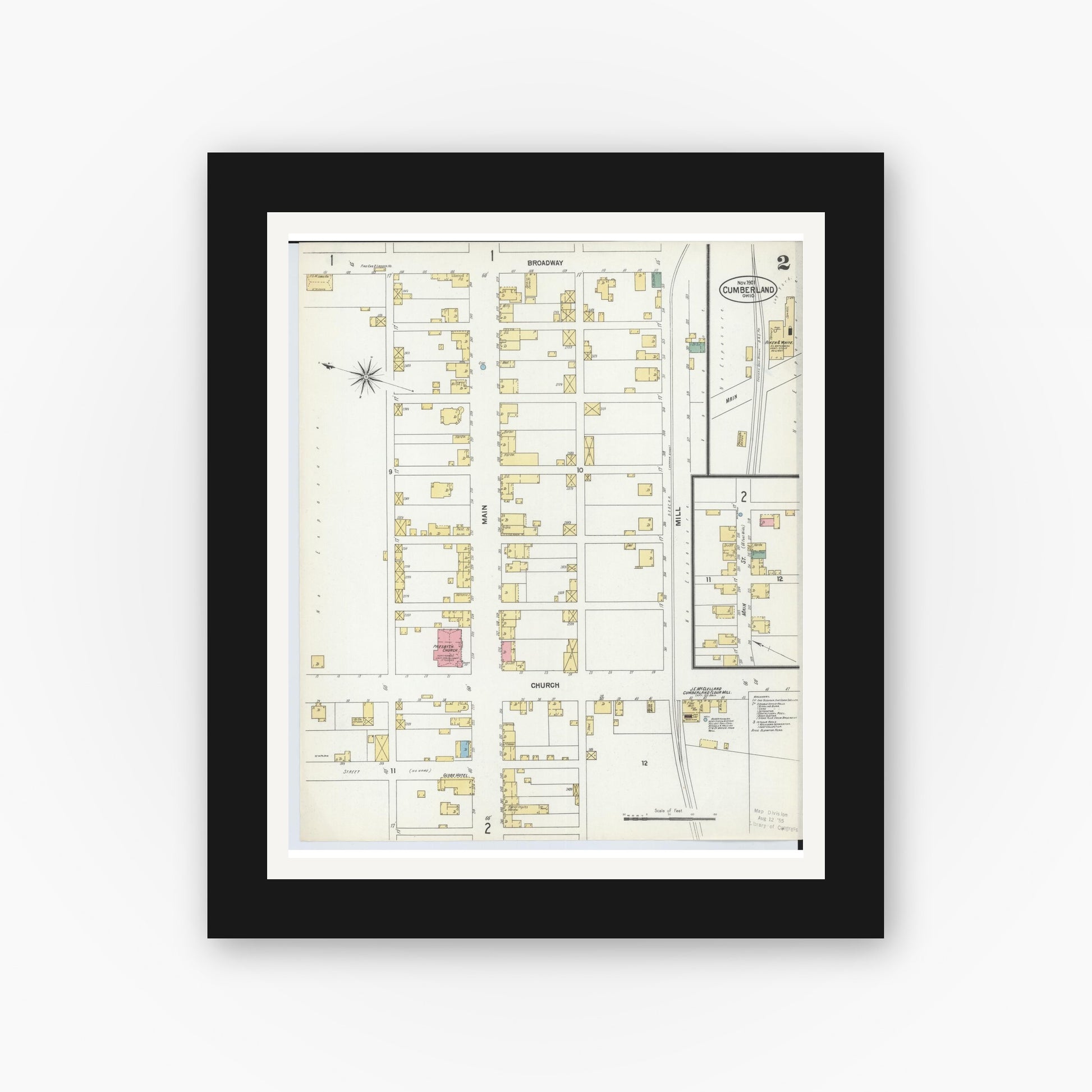 Old map wall art mockup — black gallery frame with white mat — Sanborn Fire Insurance Map from Cumberland, Guernsey County, Ohio (1901), Sheet #0002