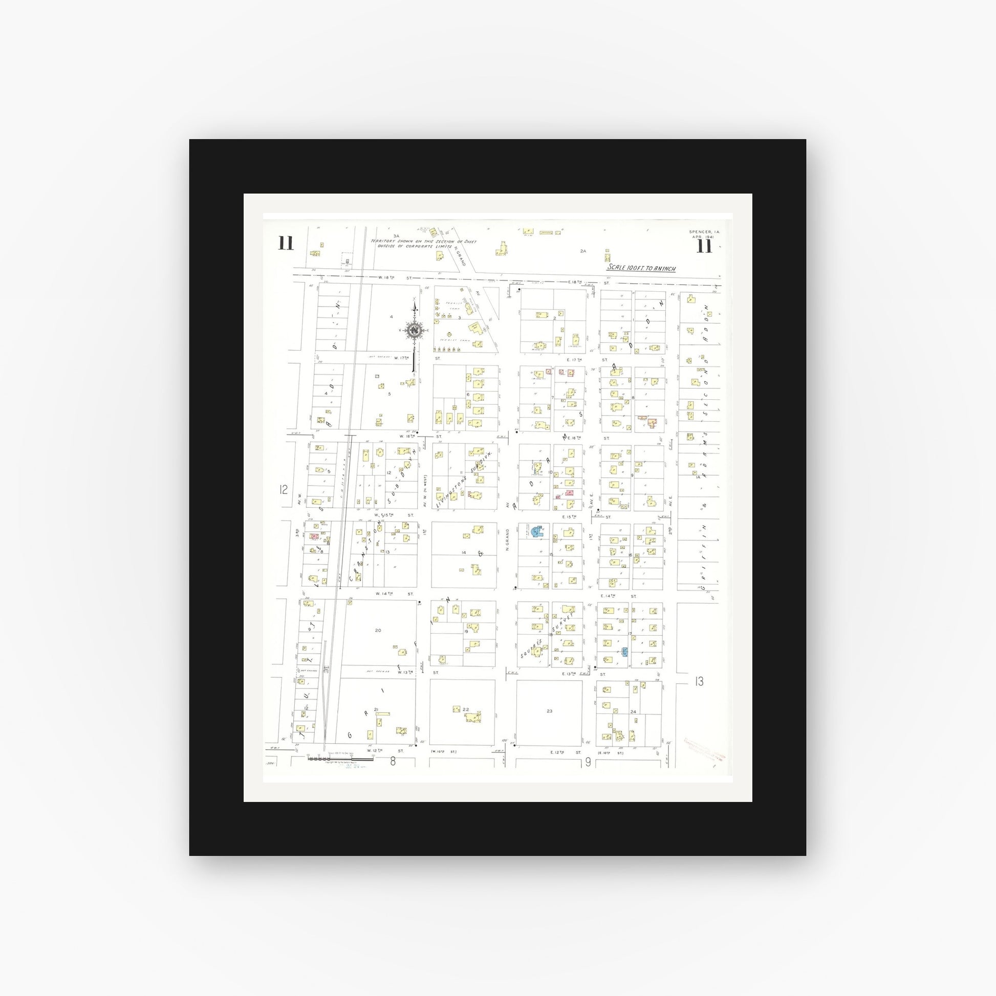 Old map wall art mockup — black gallery frame with white mat — Sanborn Fire Insurance Map from Spencer, Clay County, Iowa (1941), Sheet #0011