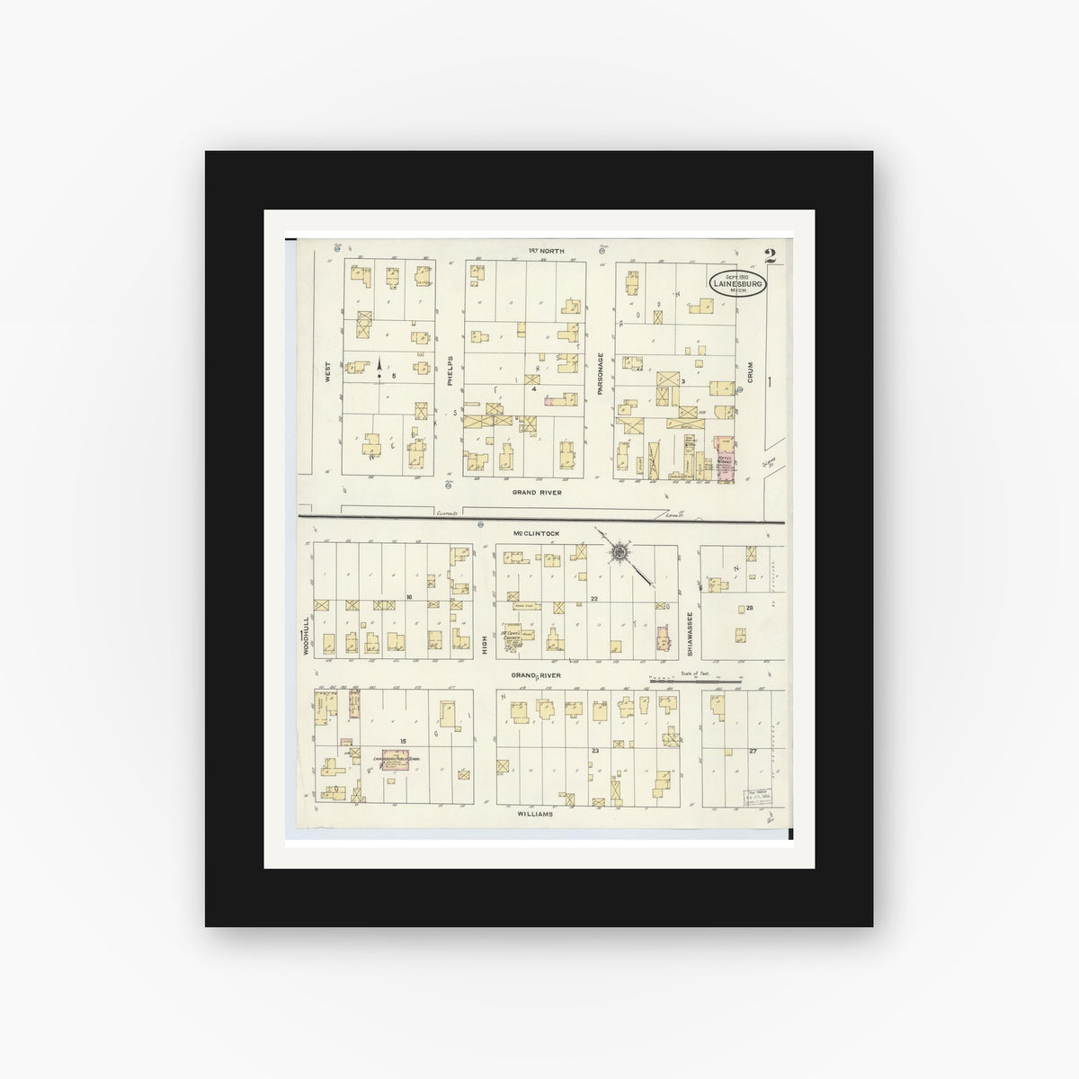 Old map wall art mockup — black gallery frame with white mat — Sanborn Fire Insurance Map from Laingsburg, Shiawassee County, Michigan (1910), Sheet #0002