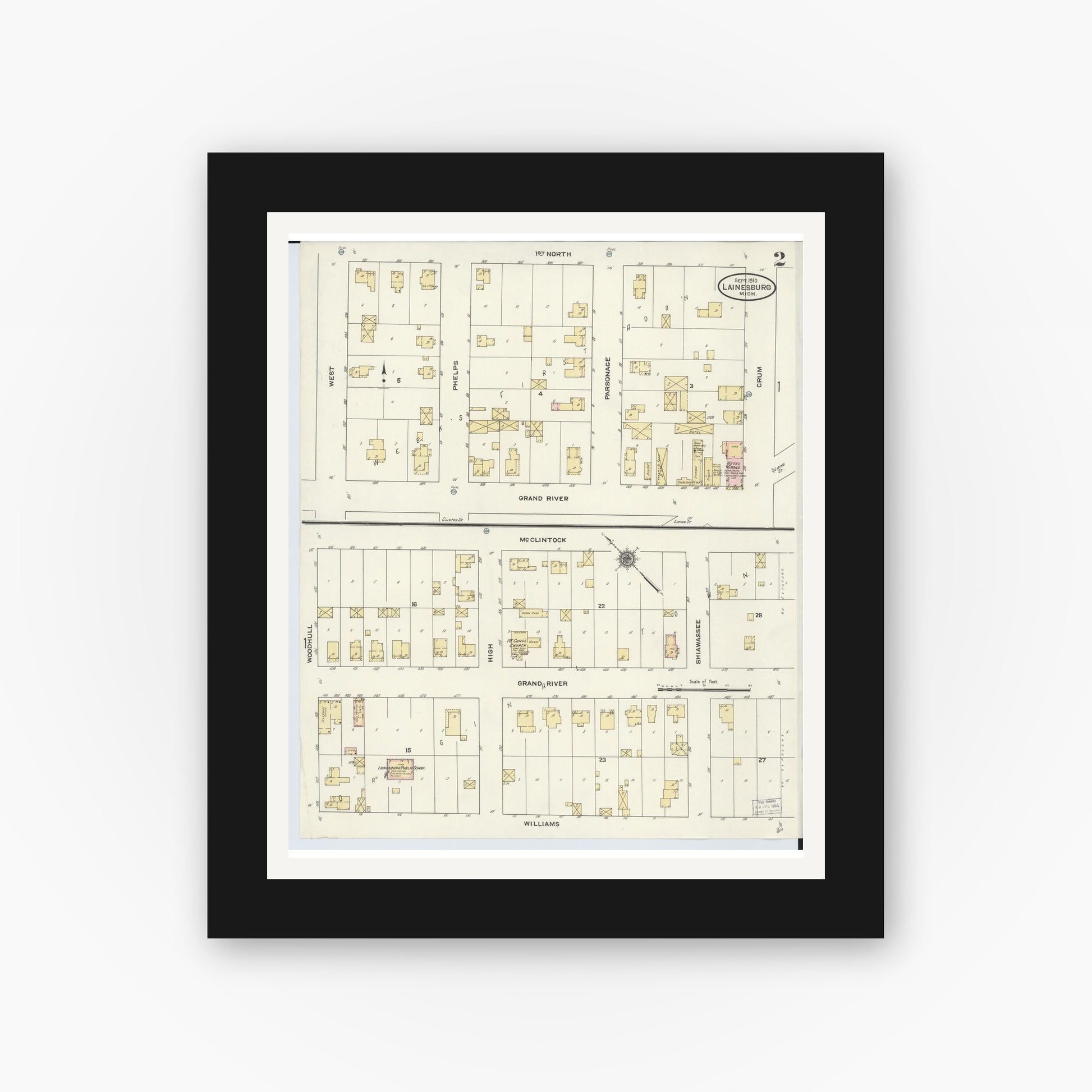 Old map wall art mockup — black gallery frame with white mat — Sanborn Fire Insurance Map from Laingsburg, Shiawassee County, Michigan (1910), Sheet #0002