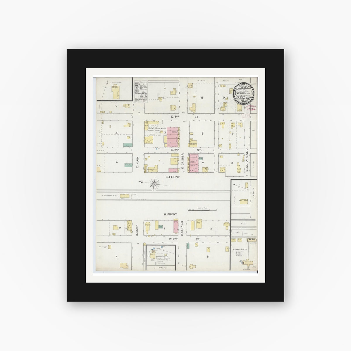 Old map wall art mockup — black gallery frame with white mat — Sanborn Fire Insurance Map from Grandview, Johnson County, Texas (1893), Sheet #0001