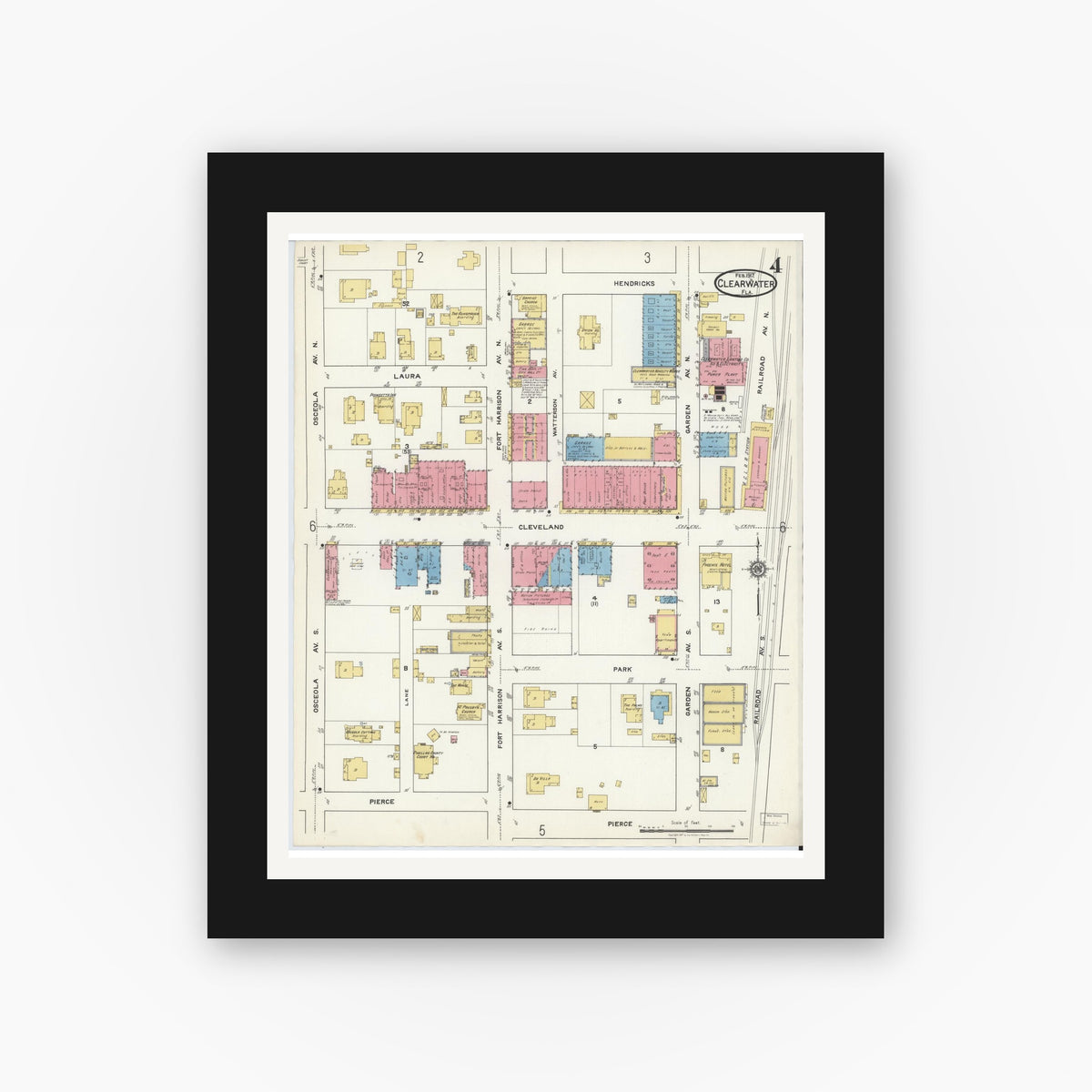 Old map wall art mockup — black gallery frame with white mat — Sanborn Fire Insurance Map from Clearwater, Pinellas County, Florida (1917), Sheet #0004