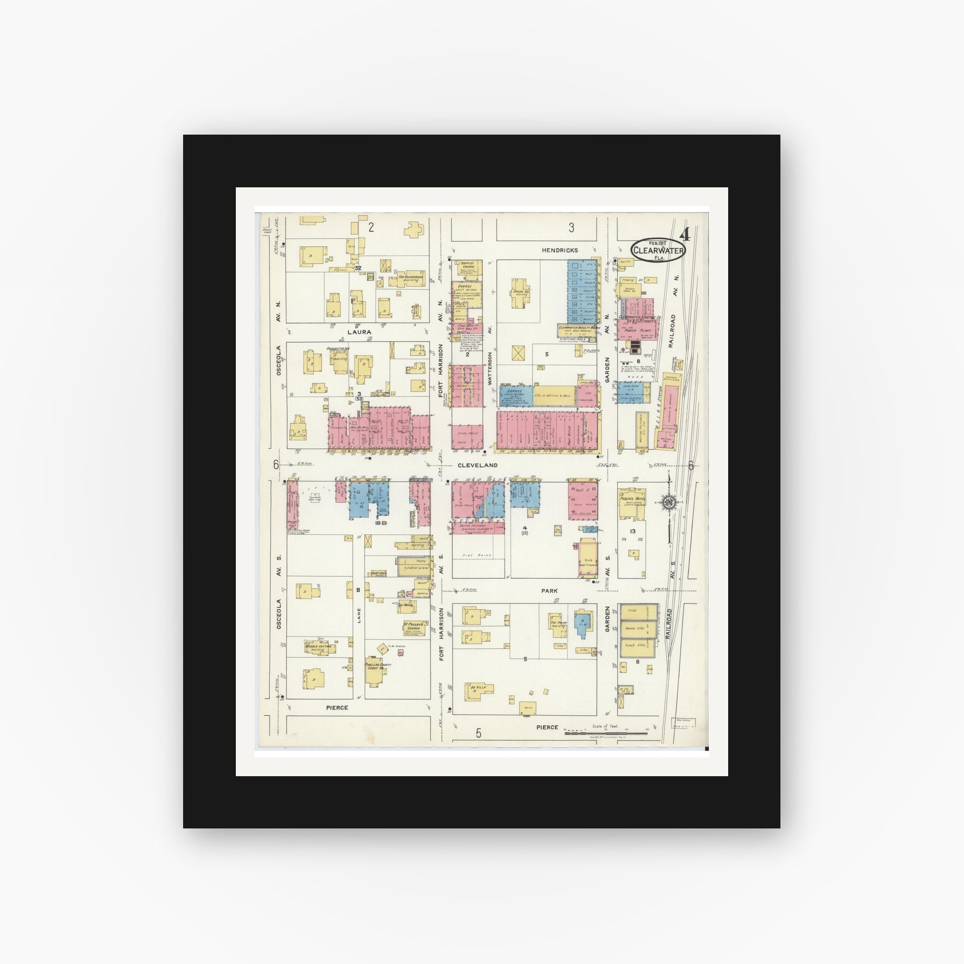 Old map wall art mockup — black gallery frame with white mat — Sanborn Fire Insurance Map from Clearwater, Pinellas County, Florida (1917), Sheet #0004