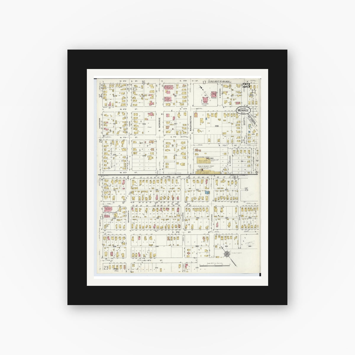Old map wall art mockup — black gallery frame with white mat — Sanborn Fire Insurance Map from Monroe, Monroe County, Michigan (1916), Sheet #0023