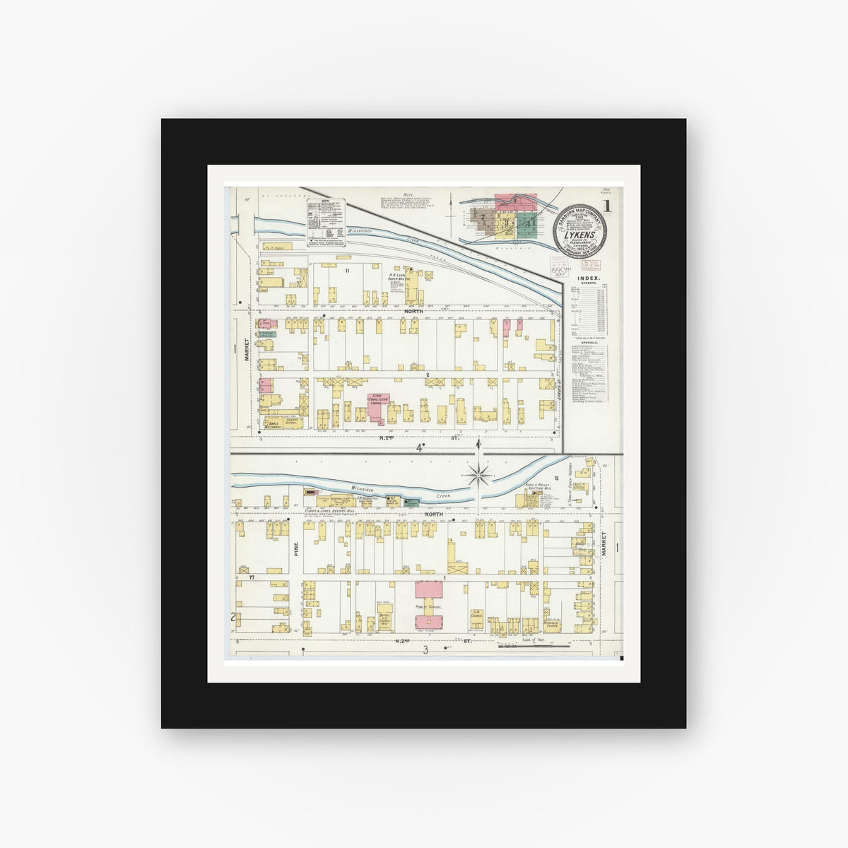 Old map wall art mockup — black gallery frame with white mat — Sanborn Fire Insurance Map from Lykens, Dauphin County, Pennsylvania (1902) - Complete Map Set