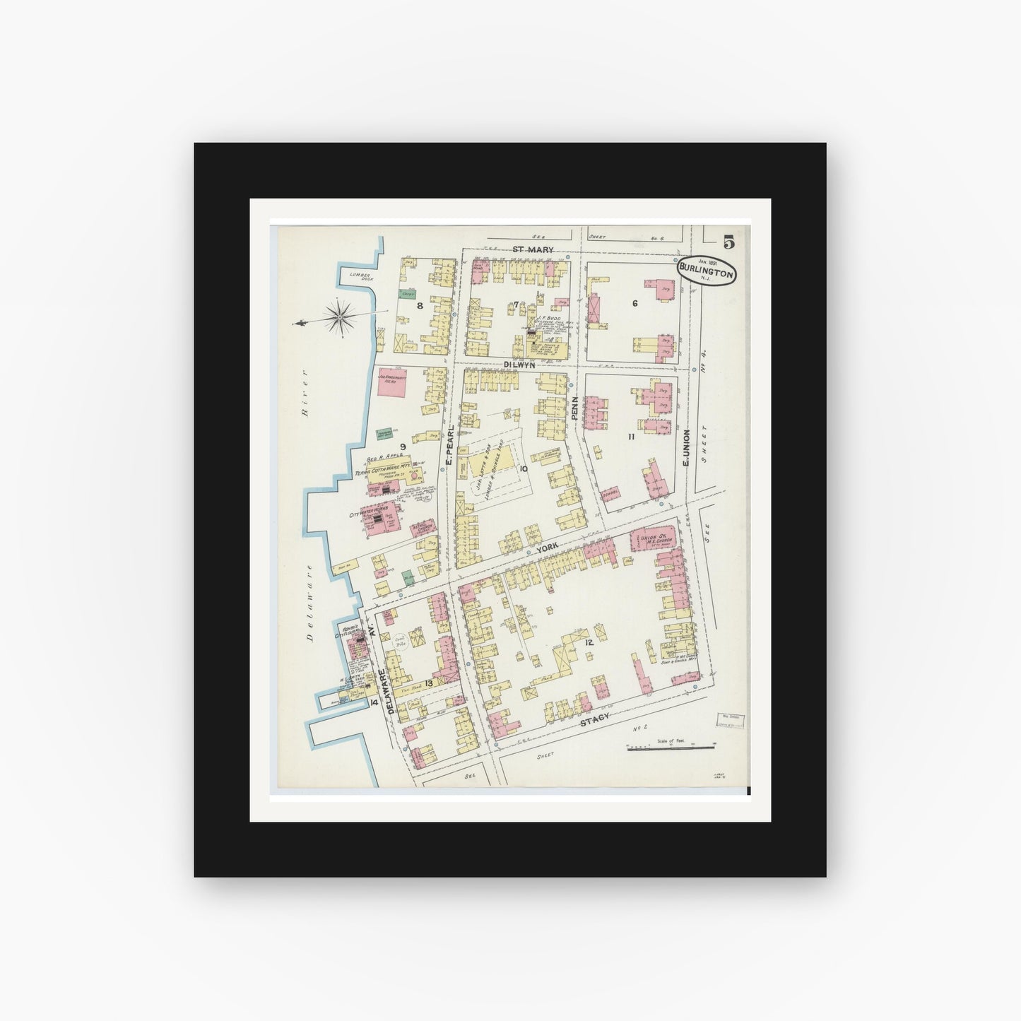 Old map wall art mockup — black gallery frame with white mat — Sanborn Fire Insurance Map from Burlington, Burlington County, New Jersey (1891), Sheet #0005