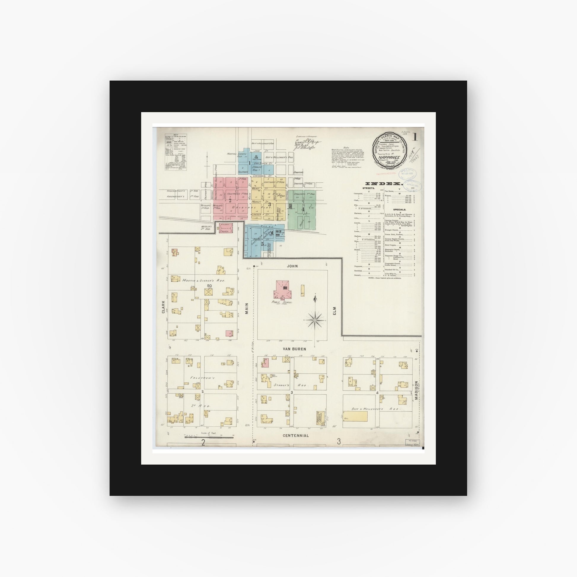 Old map wall art mockup — black gallery frame with white mat — Sanborn Fire Insurance Map from Nappanee, Elkhart County, Indiana (1898) - Complete Map Set