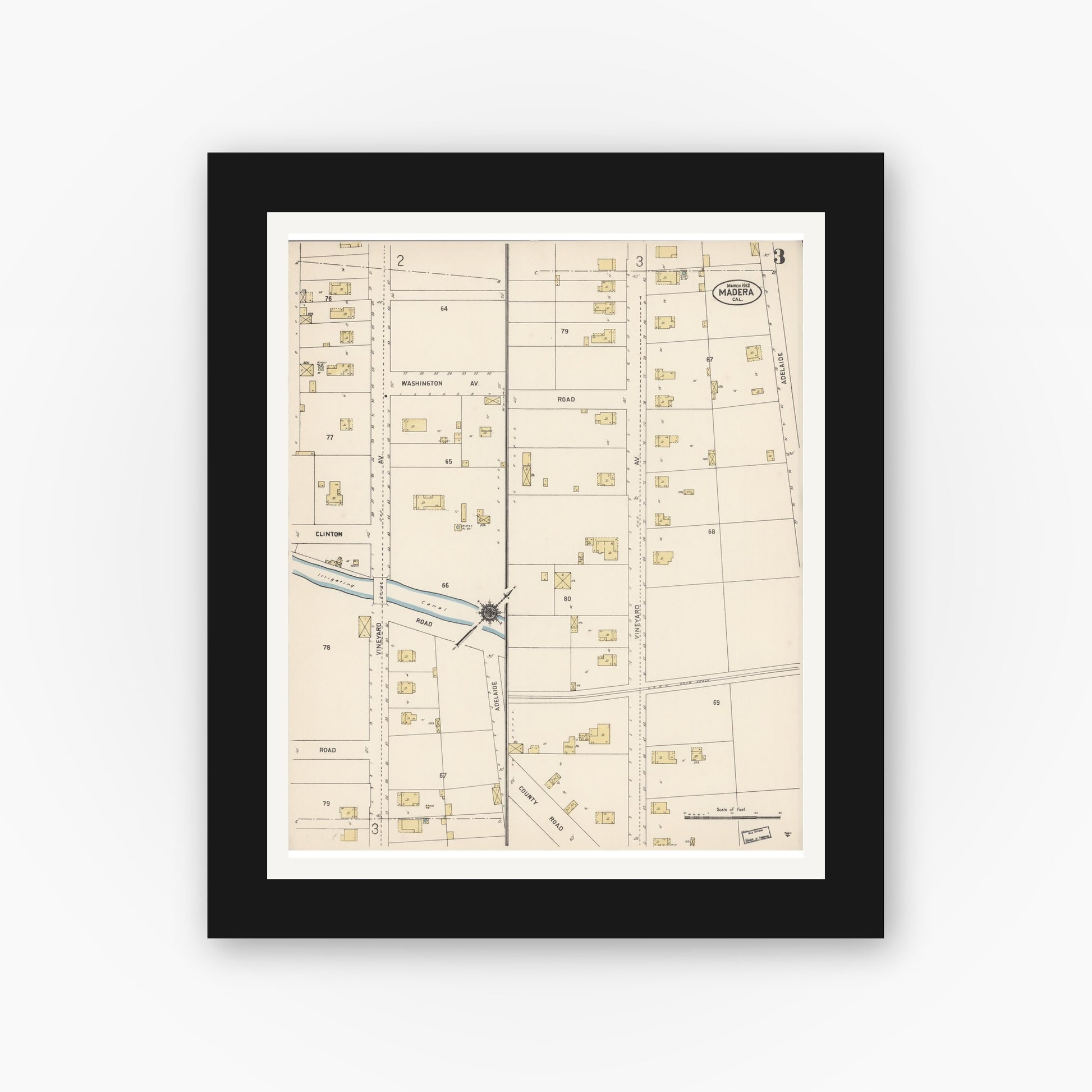 Old map wall art mockup — black gallery frame with white mat — Sanborn Fire Insurance Map from Madera, Madera County, California (1912), Sheet #0003