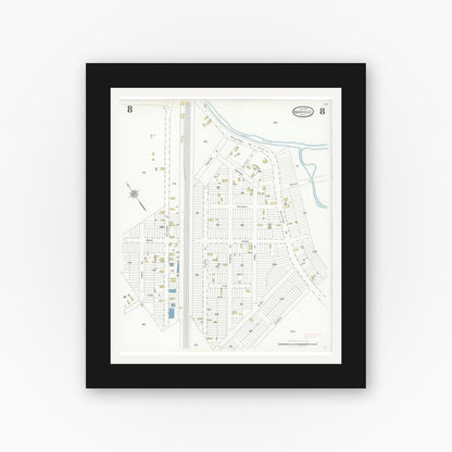 Old map wall art mockup — black gallery frame with white mat — Sanborn Fire Insurance Map from Manville, Somerset County, New Jersey (1928), Sheet #0008