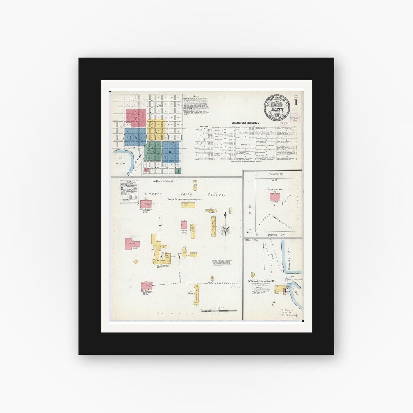Old map wall art mockup — black gallery frame with white mat — Sanborn Fire Insurance Map from Morris, Stevens County, Minnesota (1902) - Complete Map Set