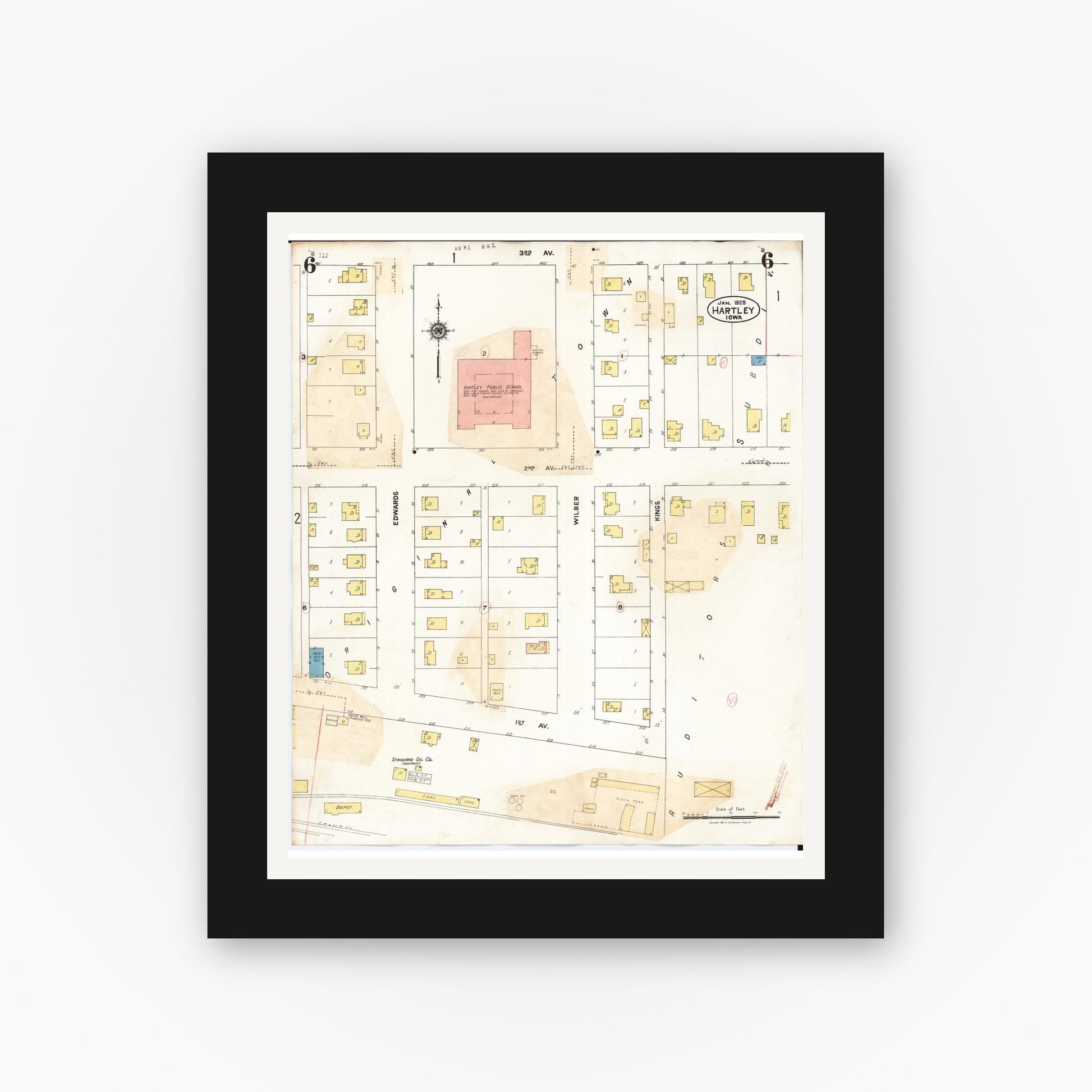 Old map wall art mockup — black gallery frame with white mat — Sanborn Fire Insurance Map from Hartley, O'Brien County, Iowa (1936), Sheet #0006