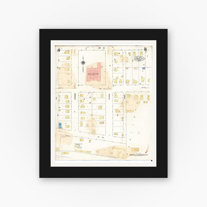 Old map wall art mockup — black gallery frame with white mat — Sanborn Fire Insurance Map from Hartley, O'Brien County, Iowa (1936), Sheet #0006