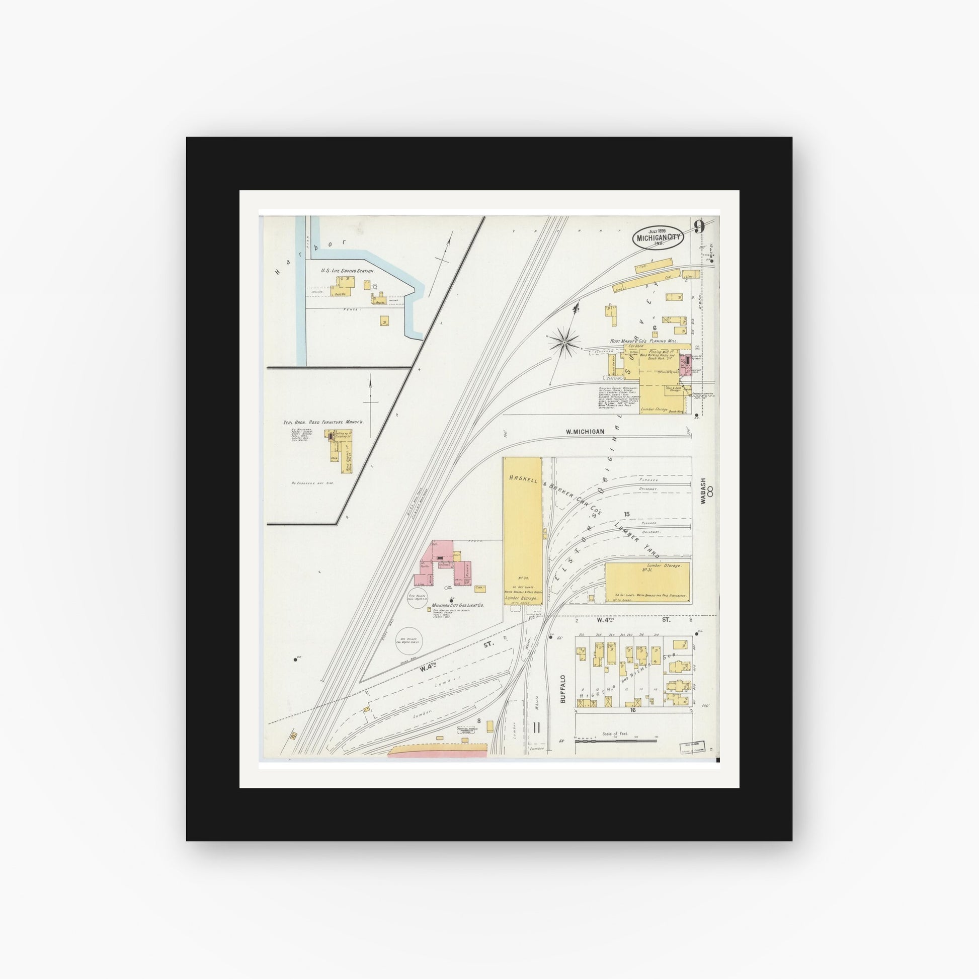 Old map wall art mockup — black gallery frame with white mat — Sanborn Fire Insurance Map from Michigan City, La Porte County, Indiana (1899), Sheet #0009