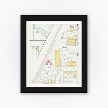 Old map wall art mockup — black gallery frame with white mat — Sanborn Fire Insurance Map from Michigan City, La Porte County, Indiana (1899), Sheet #0009