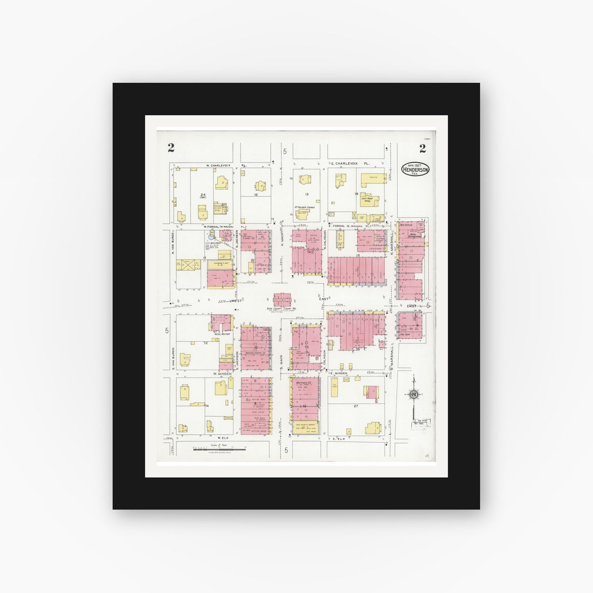 Old map wall art mockup — black gallery frame with white mat — Sanborn Fire Insurance Map from Henderson, Rusk County, Texas (1927), Sheet #0002