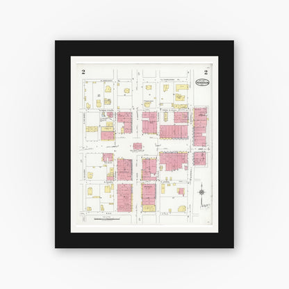 Old map wall art mockup — black gallery frame with white mat — Sanborn Fire Insurance Map from Henderson, Rusk County, Texas (1927), Sheet #0002