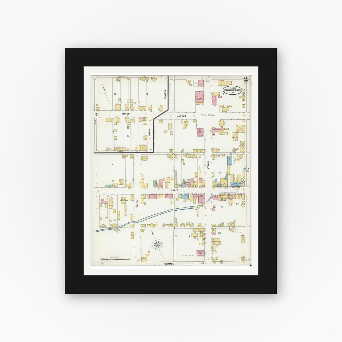 Old map wall art mockup — black gallery frame with white mat — Sanborn Fire Insurance Map from McConnellsburgh, Fulton County, Pennsylvania (1899), Sheet #0002