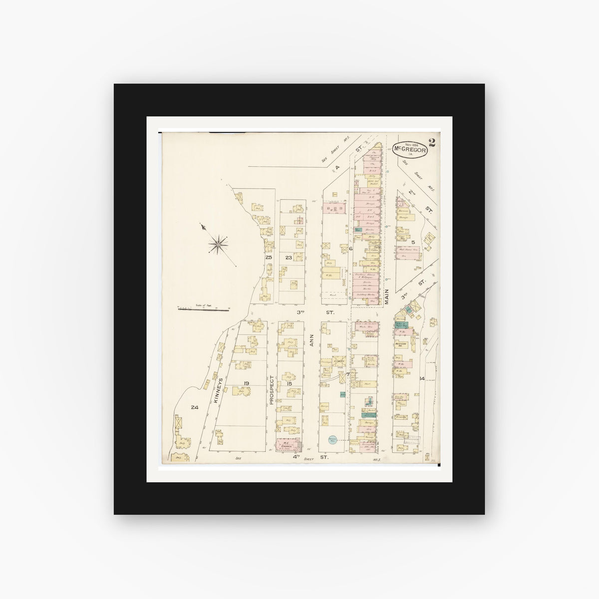Old map wall art mockup — black gallery frame with white mat — Sanborn Fire Insurance Map from McGregor, Clayton County, Iowa (1886), Sheet #0002