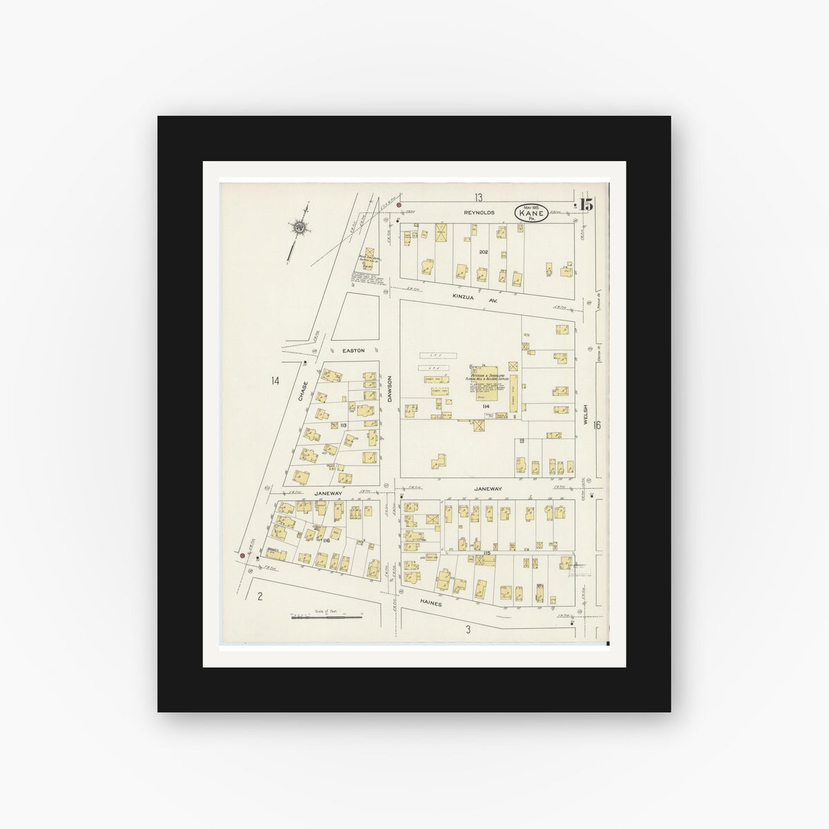 Old map wall art mockup — black gallery frame with white mat — Sanborn Fire Insurance Map from Kane, McKean County, Pennsylvania (1915), Sheet #0015